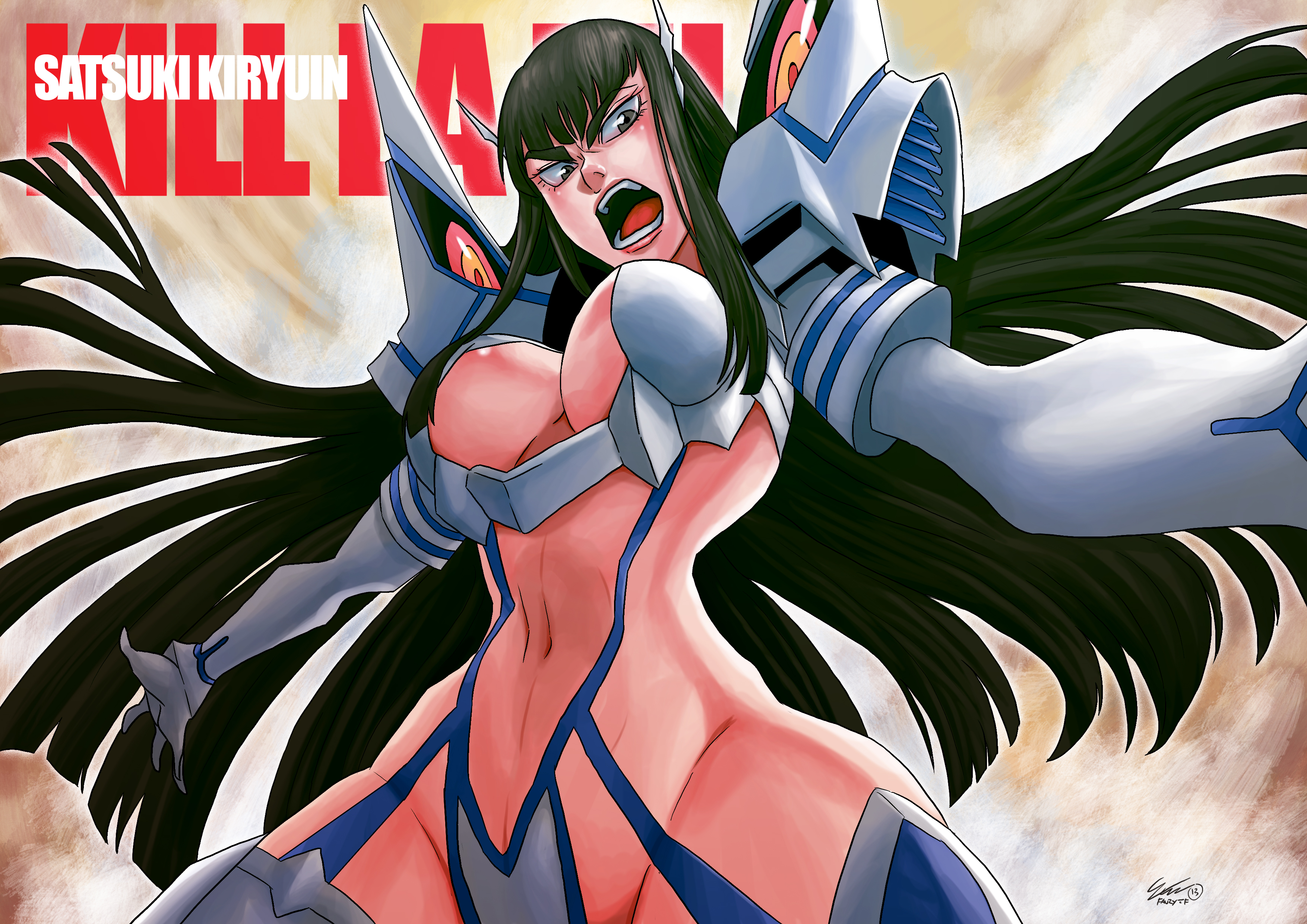 10s, 2013, absurdres, angry, big breasts, black hair, breasts, cirenk, cleavage, female, from below, grey eyes, highres, huge breasts, junketsu, kill la kill, kiryuuin satsuki, large breasts, long hair, navel, open mouth, revealing clothes, solo, suspenders, thick thighs, thighs