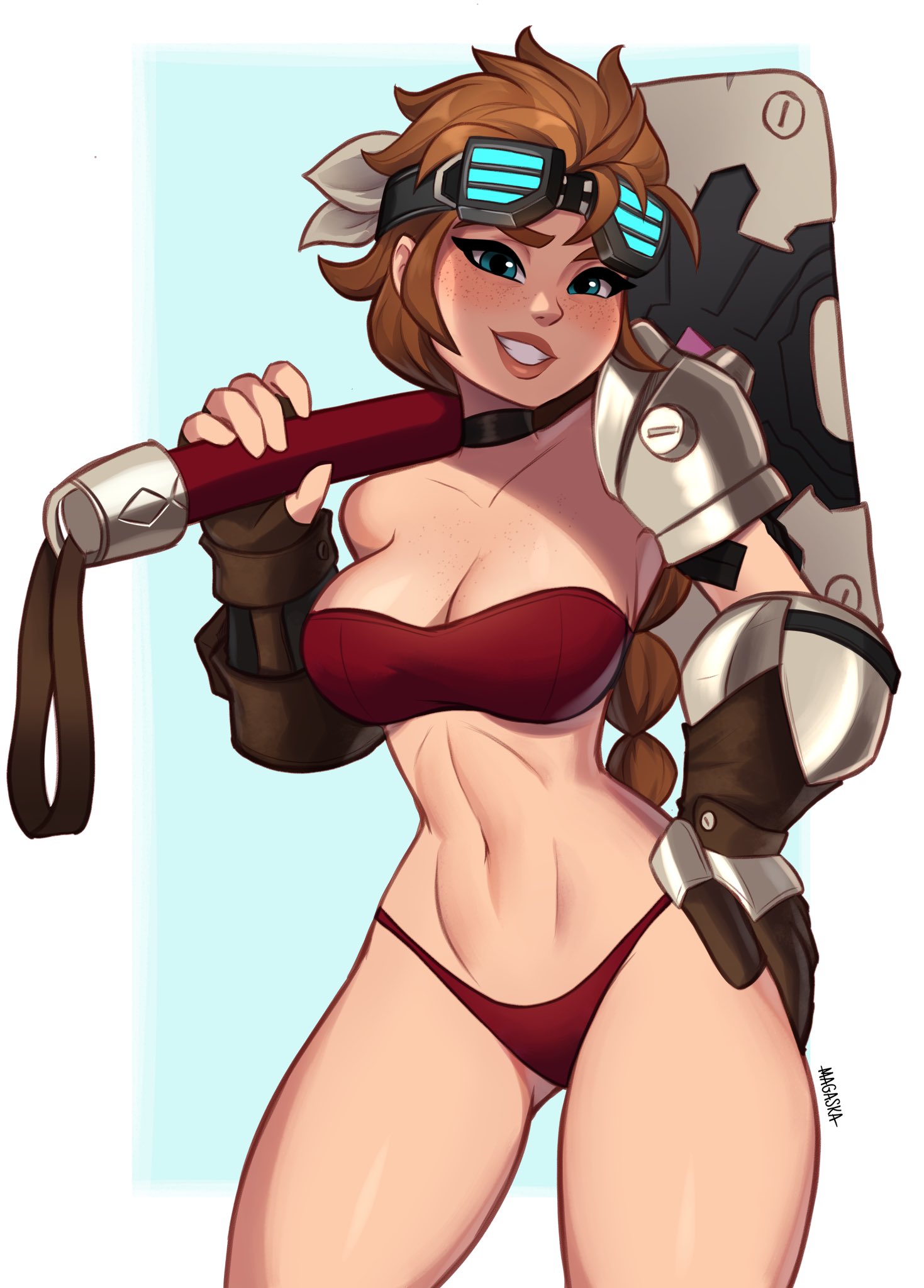 1girls, blue eyes, bra, brown hair, female, fortnite, goggles, hammer, hand on hip, magaska19, panties, smile, solo, sylvie (fortnite), tagme, underwear