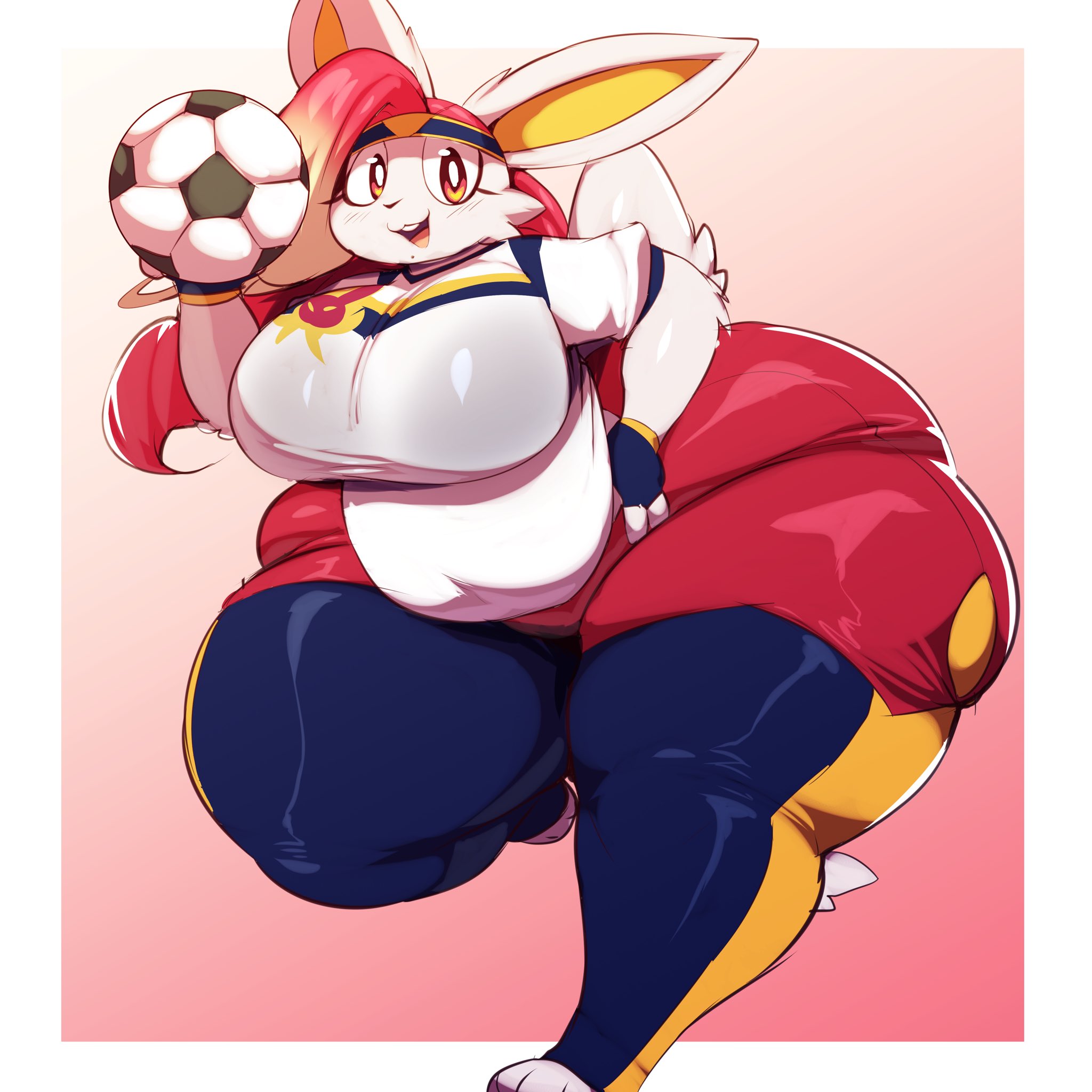 anthro, ass, bianca (shootysyvleon), big ass, big breasts, big butt, breasts, buckteeth, bunny, bunny ears, cinderace, digital media (artwork), female, female only, fully clothed, furry, furry only, hand on breast, headband, huge breasts, long hair, looking at viewer, multicolored hair, nintendo, nintendo switch, one leg up, open mouth, open smile, original, original character, overweight, overweight female, pokémon (species), pokemon, pokemon (species), rabbit, red hair, shaded, smile, soccer ball, solo, solo female, standing, thick thighs, trinity-fate62, white body, white fur, white skin