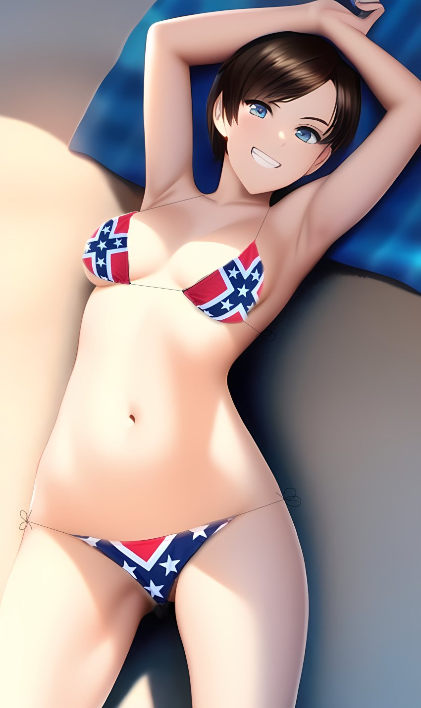 ai_generated armpits arms_behind_head beach bikini breasts confederate_flag confederate_flag_bikini grin looking_at_viewer novelai pose posing racism racist rebecca_chambers resident_evil resident_evil_remake sand smile upscaled