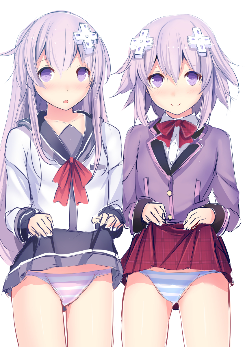 2girls blazer blue_panties blue_skirt breasts button_down_shirt d-pad_hair_ornament daiaru long_hair looking_at_viewer nepgear neptune_(neptunia) neptunia_(series) panties pink_panties purple_eyes purple_hair red_skirt school_uniform shirt short_hair siblings sisters skirt skirt_lift small_breasts striped_panties white_shirt