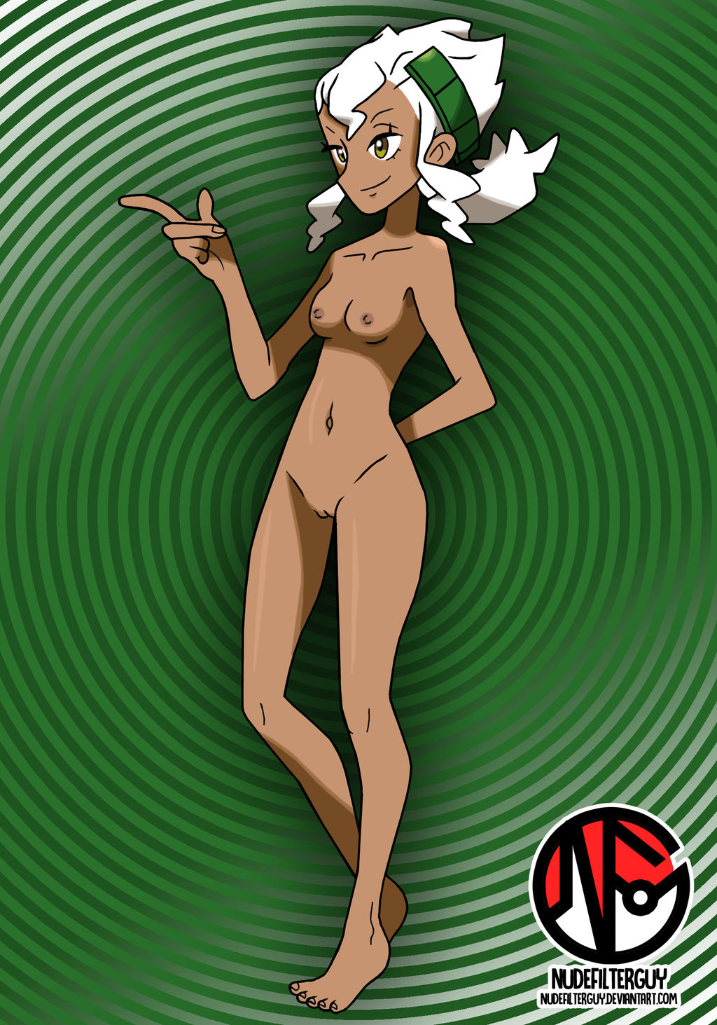 1girls abstract_background barefoot breasts burnet_(pokemon) casual_nudity edit feet female female_only hair_ornament hand_behind_back human lime_eyes naked nintendo nipples nonsexual_nudity nude nude_filter nudefilterguy official_artwork_edit pokemon pokemon_sm pussy smile solo white_hair