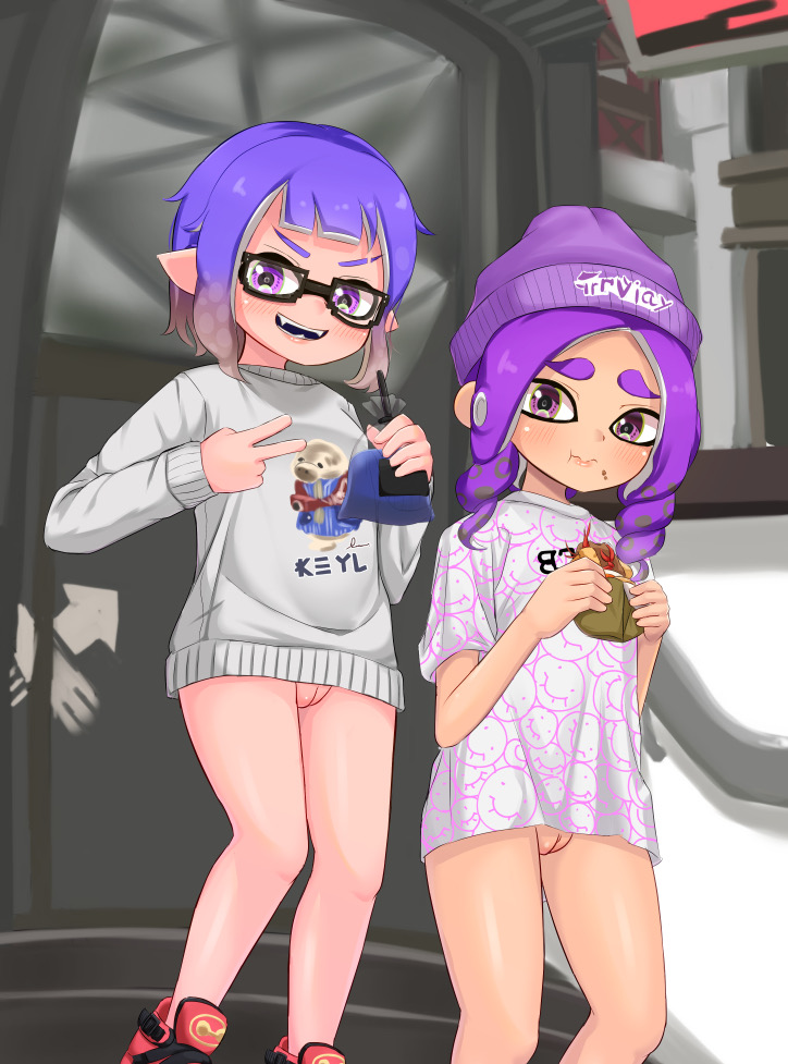 2girls anemoneno1_(splatoon) animal_humanoid anthro beanie beanie_hat bottomless cephalopod cephalopod_humanoid cute drink eating female female_only food glasses humanoid inkling inkling_girl mask_(marking) multiple_girls nintendo octoling octoling_girl pink_eyes pixel_glasses pointy_ears pseudo_hair purple_hair pussy splatoon splatoon_(series) splatoon_3 squid tentacle tentacle_hair yuka_(splatoon)