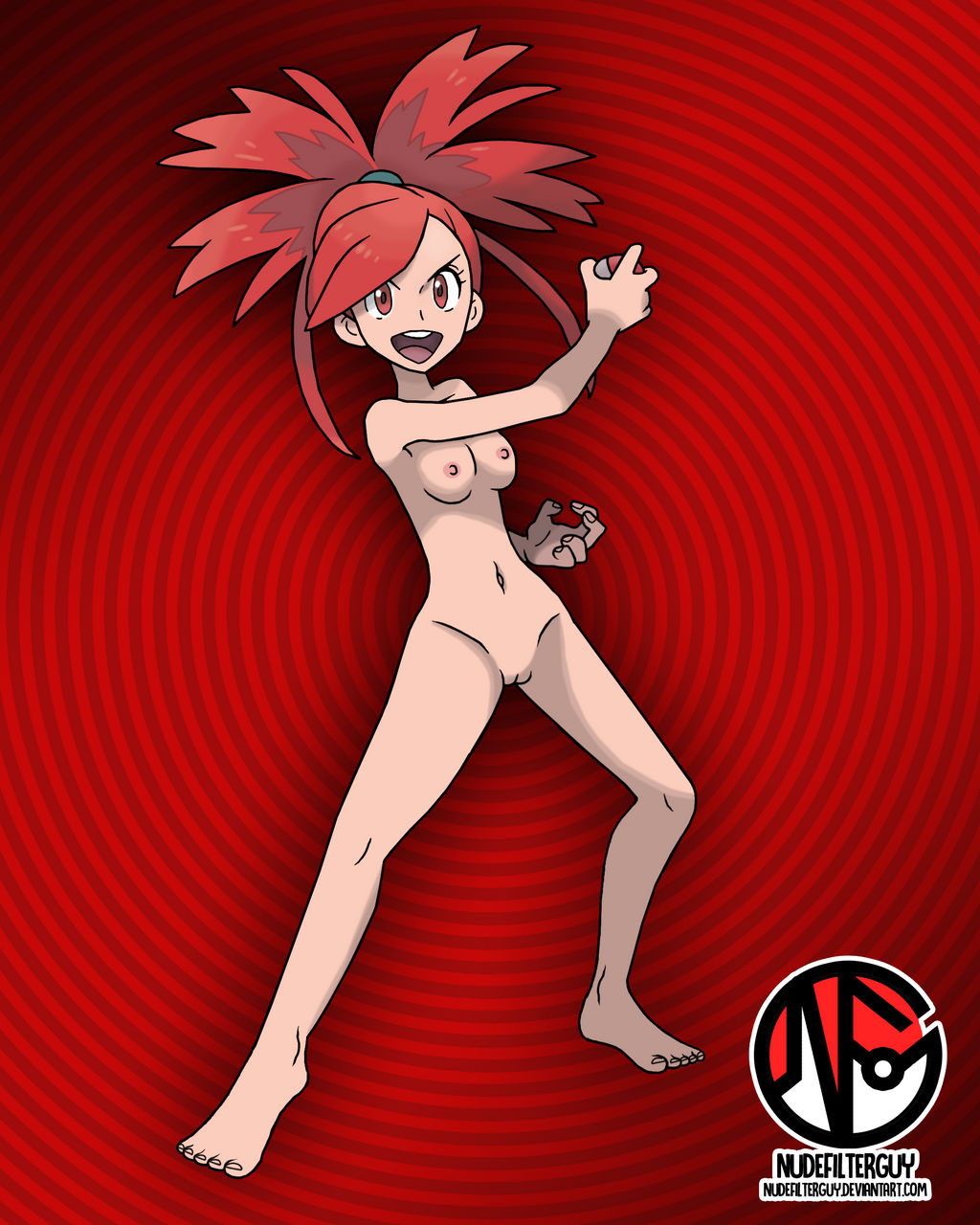 1girls abstract_background accurate_art_style barefoot breasts casual casual_nudity edit feet female female_only flannery_(pokemon) flannery_(pokemon_oras) human legs_apart naked nintendo nipples nonsexual_nudity nude nude_filter nudefilterguy official_artwork_edit pale_skin poke_ball pokemon pokemon_oras pokemon_rse pussy red_eyes red_hair smile solo