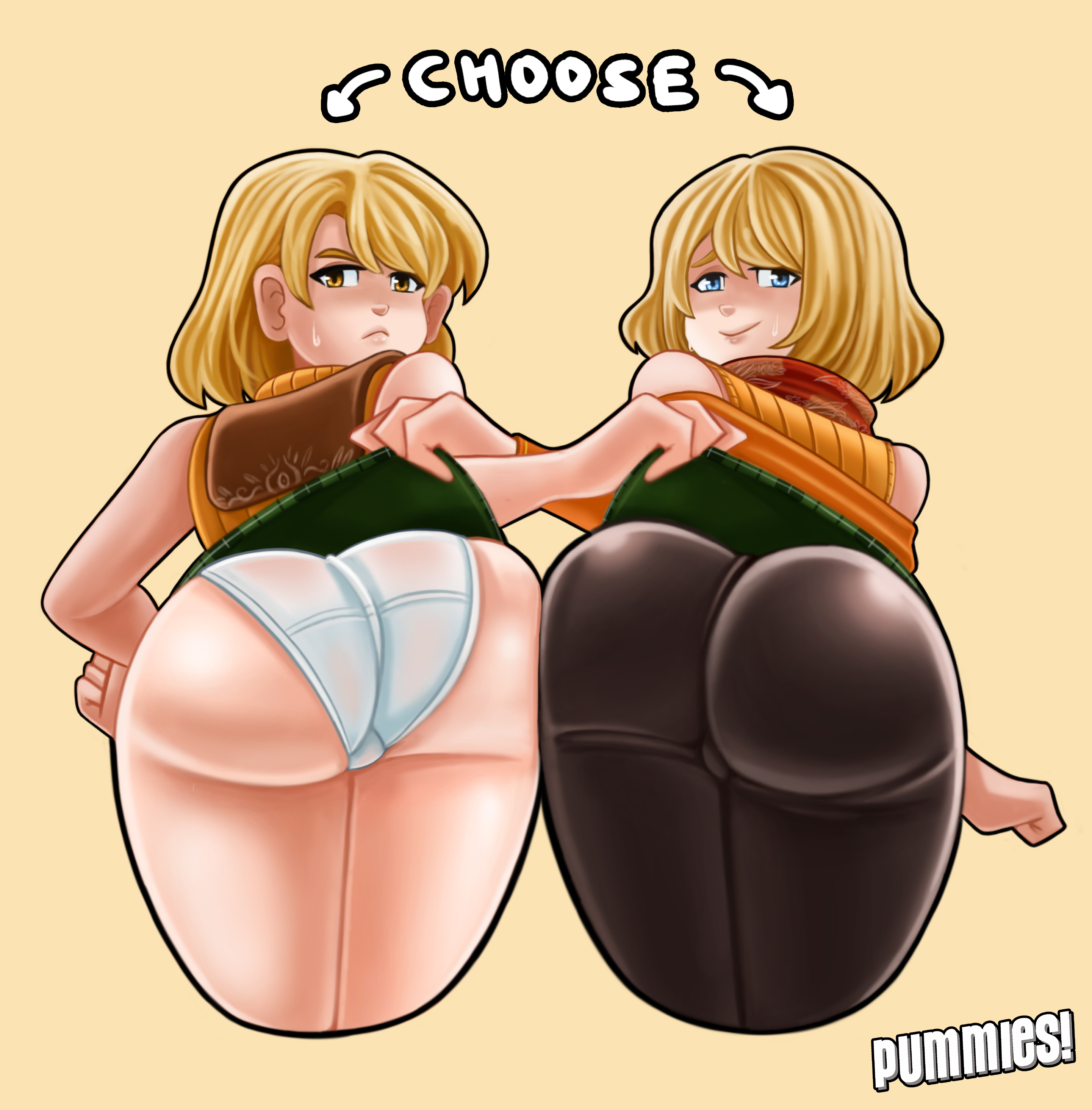 2d, 2girls, ashley graham, ashley graham (brooke elizabeth mathieson), ashley graham (ella freya), ass, blonde hair, blue eyes, capcom, curvaceous, female, female only, frowning at viewer, huge ass, leggings, light skin, light-skinned female, looking at viewer, panties, pummies, resident evil, resident evil 4, resident evil 4 remake, selfcest, smiling at viewer, tagme, take your pick, yellow eyes