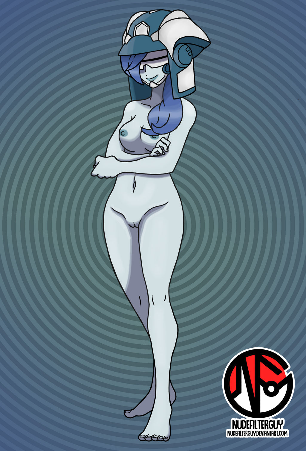 1girls abstract_background barefoot blue_hair blue_skin breasts casual_nudity edit feet female female_only headgear headgear_only human light_blue_skin naked nintendo nipples nonsexual_nudity nude nude_filter nudefilterguy official_artwork_edit pokemon pokemon_usm pussy smile soliera_(pokemon) solo ultra_recon_squad