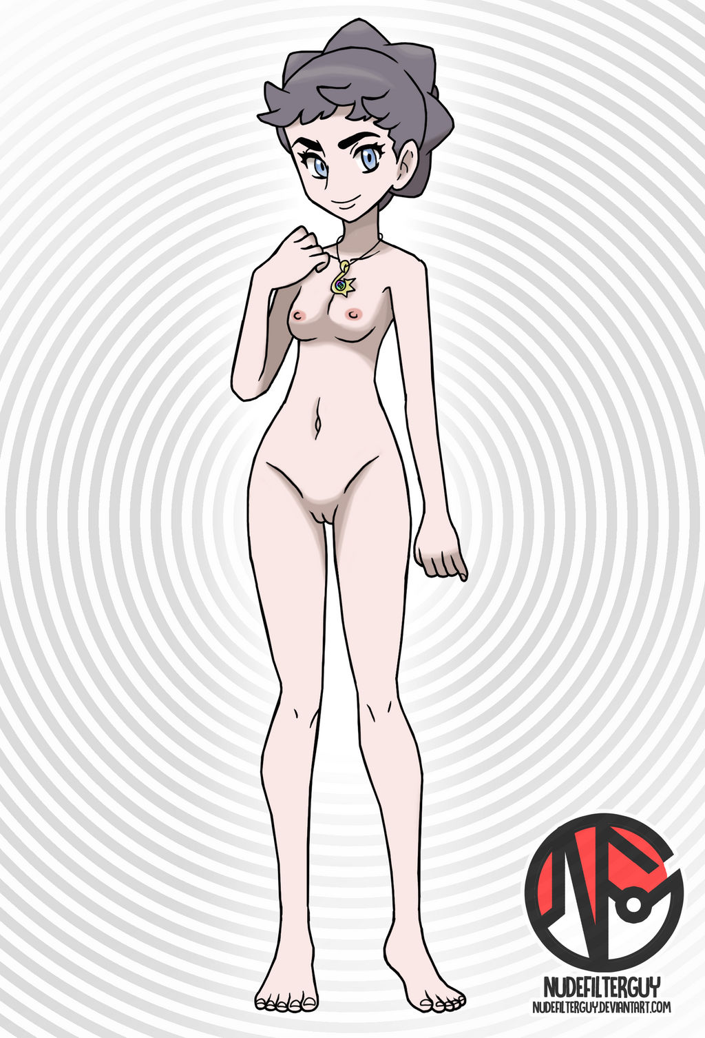 1girls abstract_background barefoot blue_eyes breasts brown_hair casual_nudity diantha_(pokemon) edit feet female female_only human naked necklace nintendo nipples nonsexual_nudity nude nude_filter nudefilterguy official_artwork_edit pokemon pokemon_xy pussy shaved_pussy short_hair smile solo