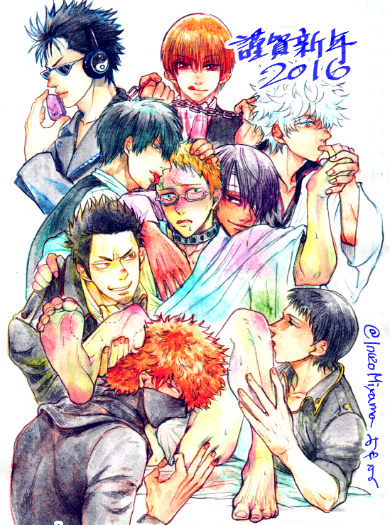 2016 9boys afro barefoot bite_mark bite_marks blush bulge chains collar feet finger_in_another's_mouth finger_in_mouth fundoshi gay gintama gintoki_sakata glasses groping headphones hijikata_toshiro imminent_sex kamotaro_itou kawakami_bansai kondou_isao licking looking_at_viewer male male_only miyama_inuzo mouth_mask multiple_doms multiple_girls okita_sougo police_officer police_uniform remote_control remote_control_vibrator saitou_shimaru shinohara_shinnoshin shinsengumi_(gintama) smile soles sunglasses takasugi_shinsuke traditional_media_(artwork) vibrator_remote watercolor_(artwork) yaoi yin_yang