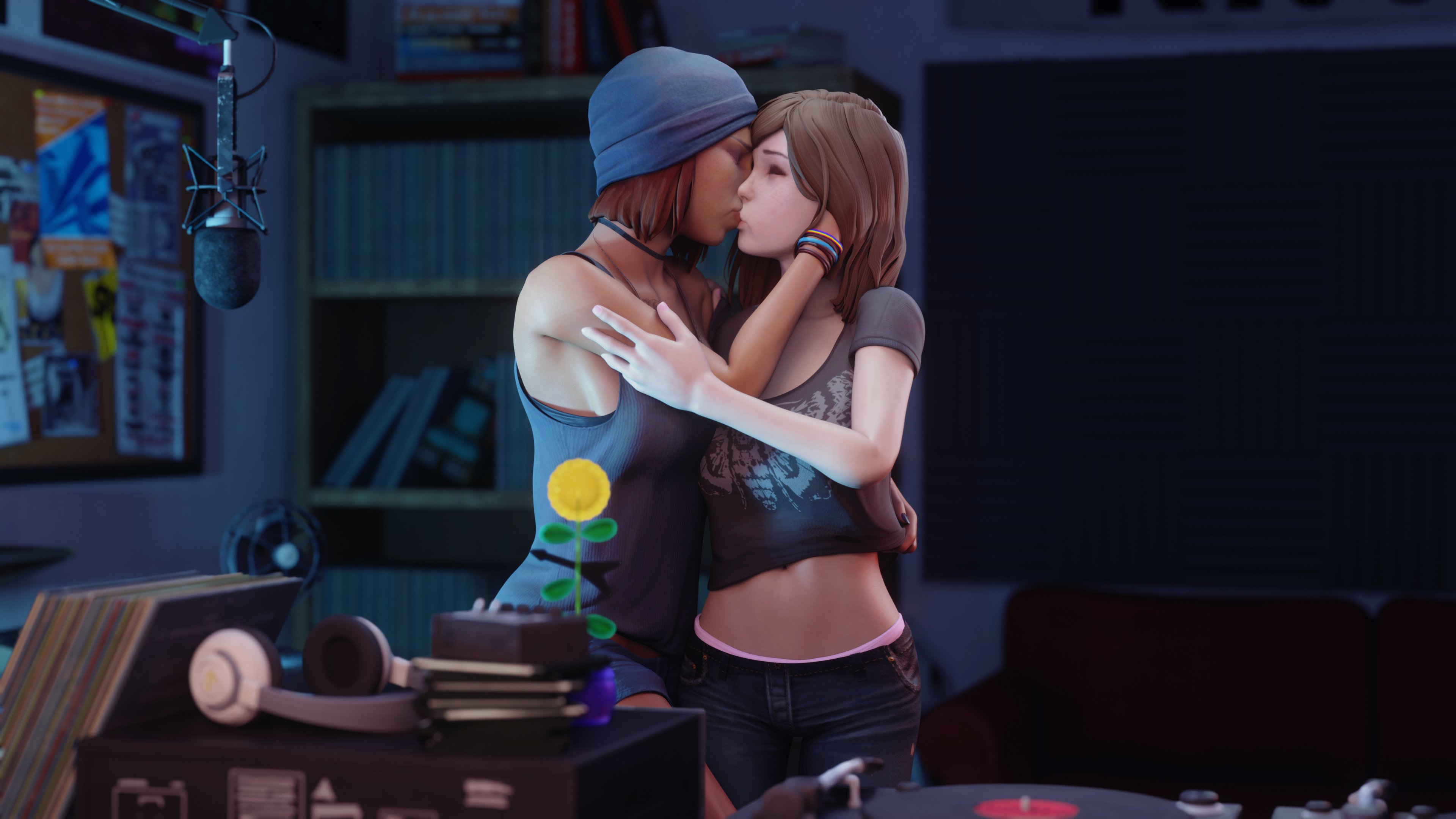 2girls, 3d, beanie, caress, caressing, caressing face, dinoboy555, female, female only, kissing, legs, life is strange, life is strange: true colors, max caulfield, multiple females, multiple girls, steph gingrich, thighs, yuri