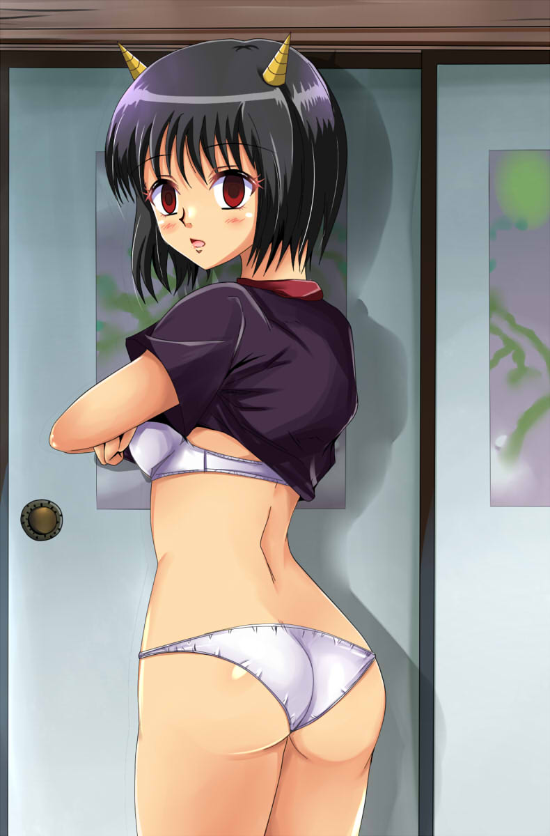 black_hair blush bra demon_girl female female_only fusuma gedomaru gintama horns looking_at_viewer looking_back official_alternate_costume oni oni_horns panties red_eyes shiguko shirt_lift shirt_up short_hair solo undressing white_bra white_panties