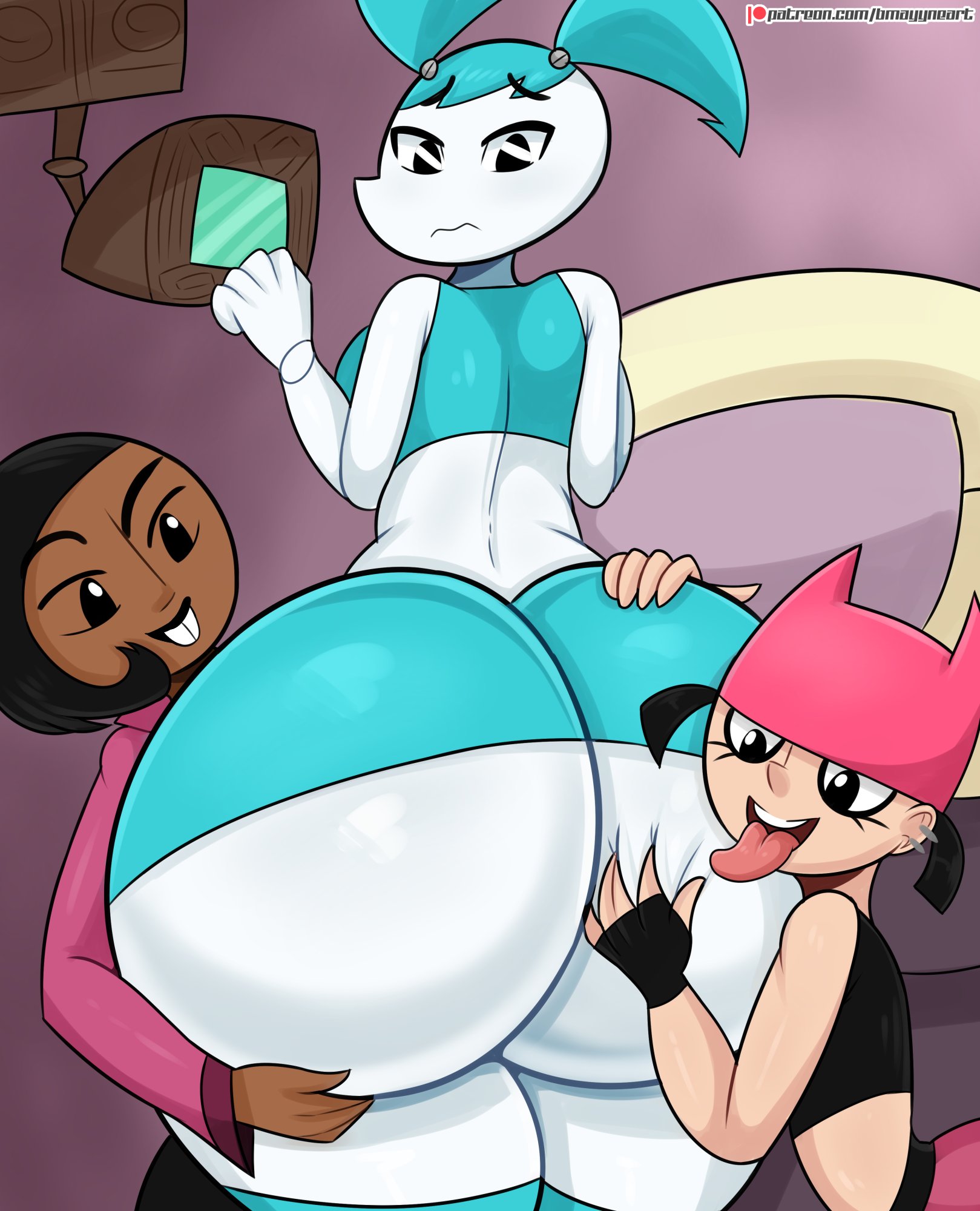 3girls, african female, android, ass, ass focus, bare shoulders, big ass, big butt, bmayneart, breasts, brit crust, clothed, clothing, dark skin, dark-skinned female, female, female only, female/female, jenny wakeman, large ass, lesbian, looking back, my life as a teenage robot, nickelodeon, open mouth, open smile, robot, robot girl, short hair, skirt, smile, standing, thick thighs, thighhighs, tiff crust, tongue, tongue out, voluptuous, wide hips, xj-9, yuri