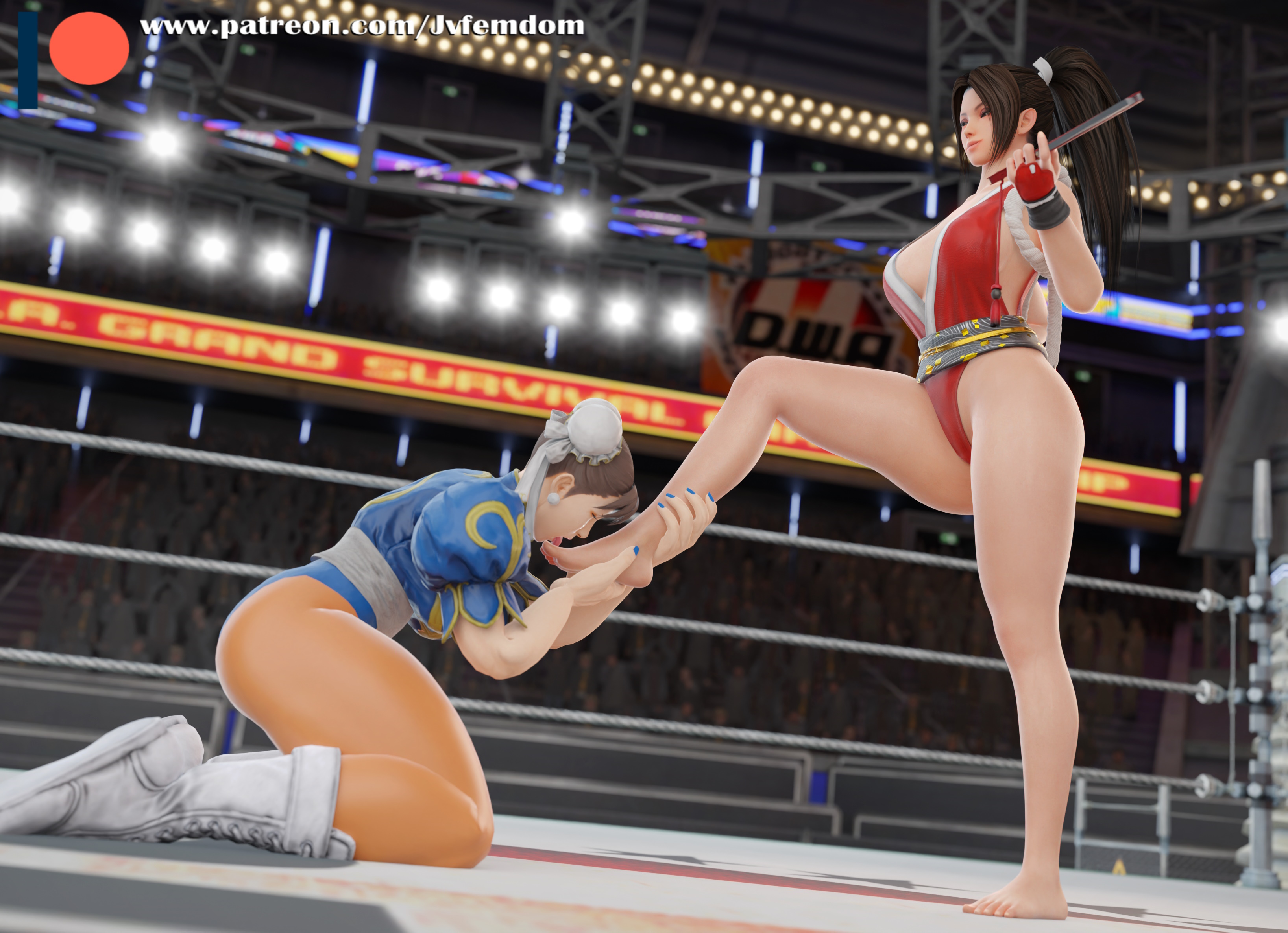 2girls, 3d, 3d (artwork), absurd res, arrogant, asphyxiation, ass, ass focus, bare legs, barefoot, beaten, blender, buns, catfight, chinese clothes, chun-li, cleavage, crush, crushing, dead or alive, dead or alive 5, death battle, defeated, dominant, dominant female, domination, dominatrix, exibitionism, fatal fury, feet, female, female domination, female only, femdom, fight, fighting ring, foot fetish, foot focus, hand on hip, helpless, highres, humiliated, humiliating, humiliation, jvfemdom, king of fighters, kneeling, legs, lezdom, licking feet, mai shiranui, ponytail, public, public humiliation, ryona, sadism, sadistic, sadistic female, short hair, smug, snk, soles, street fighter, street fighter v, submission, submissive, thick ass, thick thighs, thighs, toes, worship, worshiping, wrestling, yuri