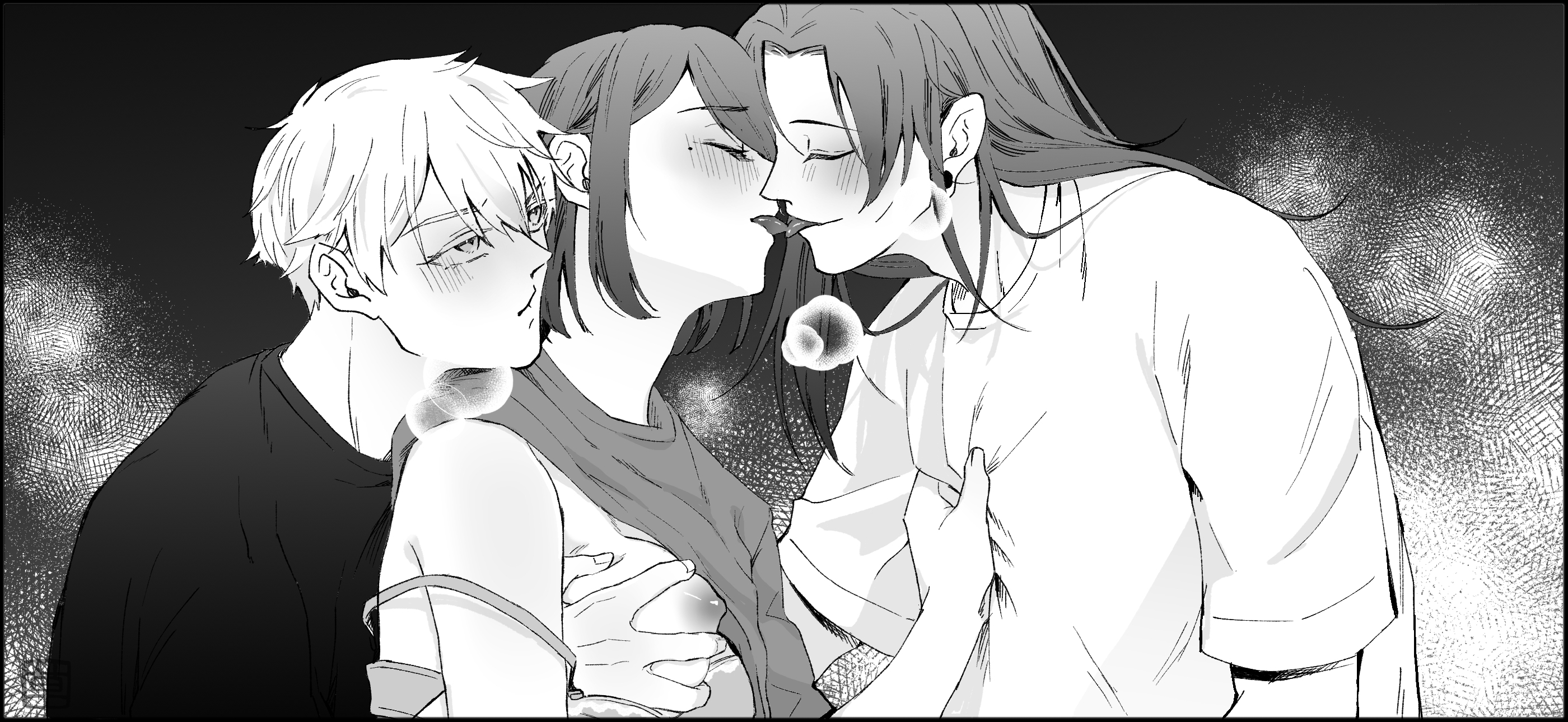 1girls, 2boys, beauty mark, being undressed, blush, breast grab, breast squeeze, breasts, breasts out, breasts outside, female, grabbing from behind, heavy breathing, hugging from behind, jujutsu kaisen, kissing, male, sandwiched, satoru gojo, shirt up, shoko ieiri, suguru geto, threesome, tongues touching, undressing