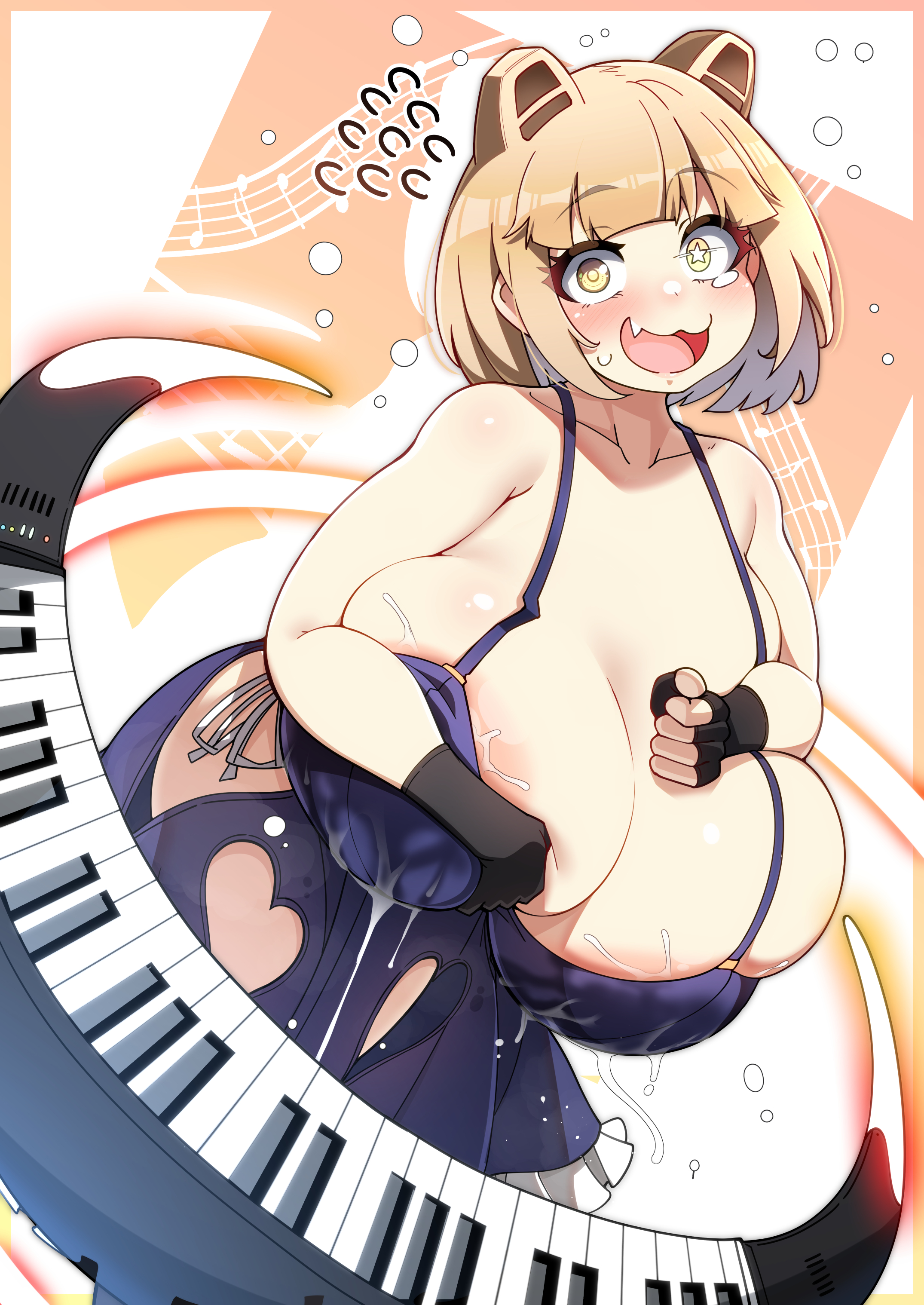 :3, 1girls, absurdres, allegro molto, areola slip, bangs, blonde hair, blue dress, blush, borrowed character, breast lift, breasts, clothing cutout, collarbone, commission, curvy, dress, dutch angle, embarrassed, eyebrows hidden by hair, feet out of frame, female, fingerless gloves, gigantic breasts, gloves, heart cutout, highres, indie virtual youtuber, instrument, keyboard (instrument), konoshige (ryuun), lactation, lactation through clothes, multi ear, oerba yun fang, open mouth, ryuun (stiil), shiny skin, short hair, sidelocks, solo, standing, thick thighs, thighhighs, thighs, virtual youtuber, wide hips