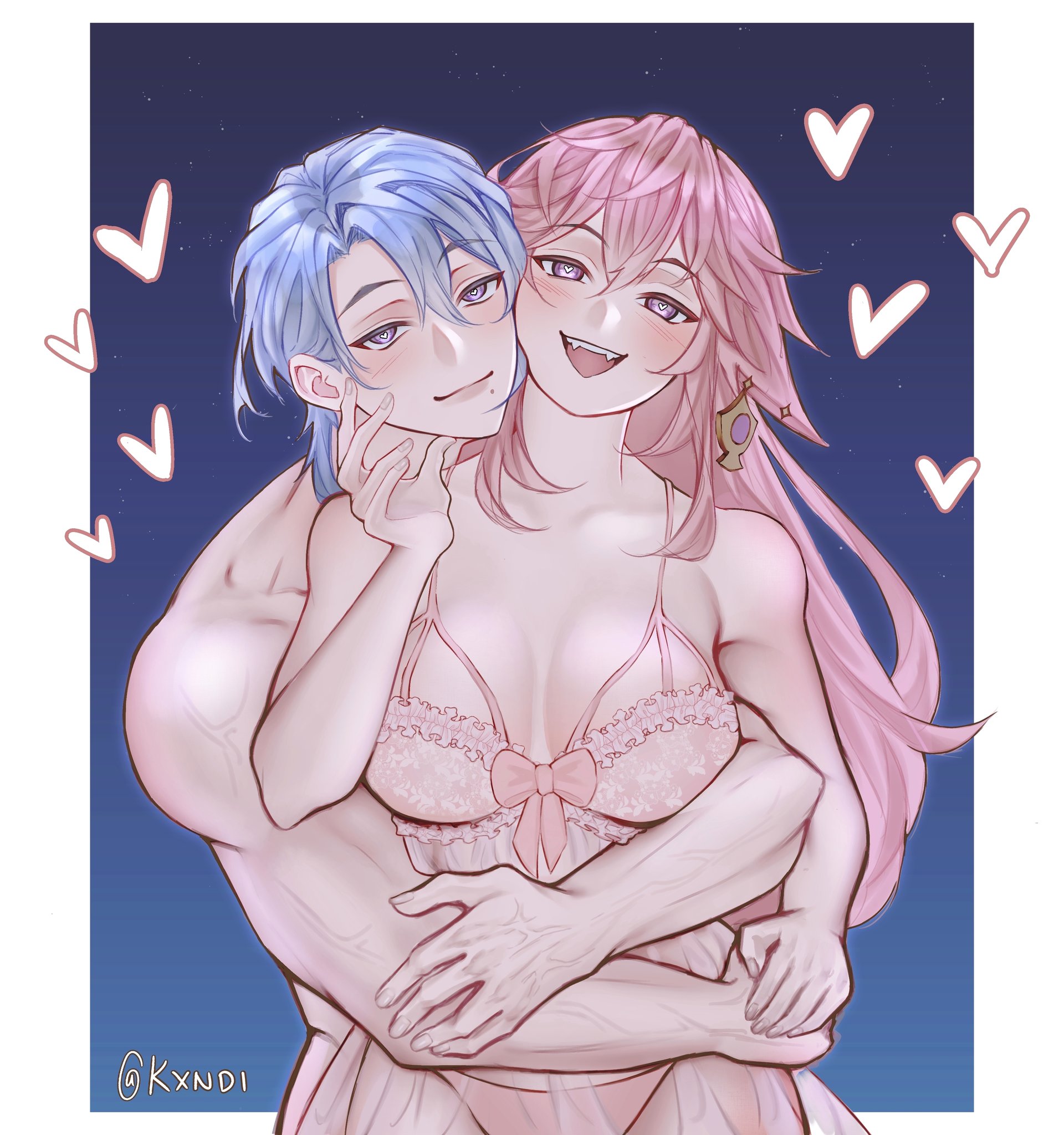 1boy, 1girls, big breasts, breasts, clothed, clothed female, female, genshin impact, heart, heart eyes, hearts, hearts around body, kamisato ayato, kxndi, light blue hair, light skin, light-skinned female, lingerie, looking at viewer, male, pink hair, smug, smug smile, straight, yae miko