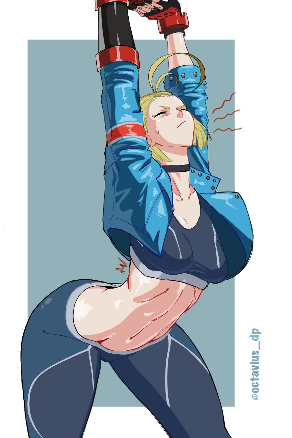 1girls, arms up, blonde hair, breasts, cammy stretch, cammy white, closed eyes, female, female only, fully clothed, midriff, octavius dp, solo, street fighter, street fighter 6, stretching, thighs, white background, wide hips