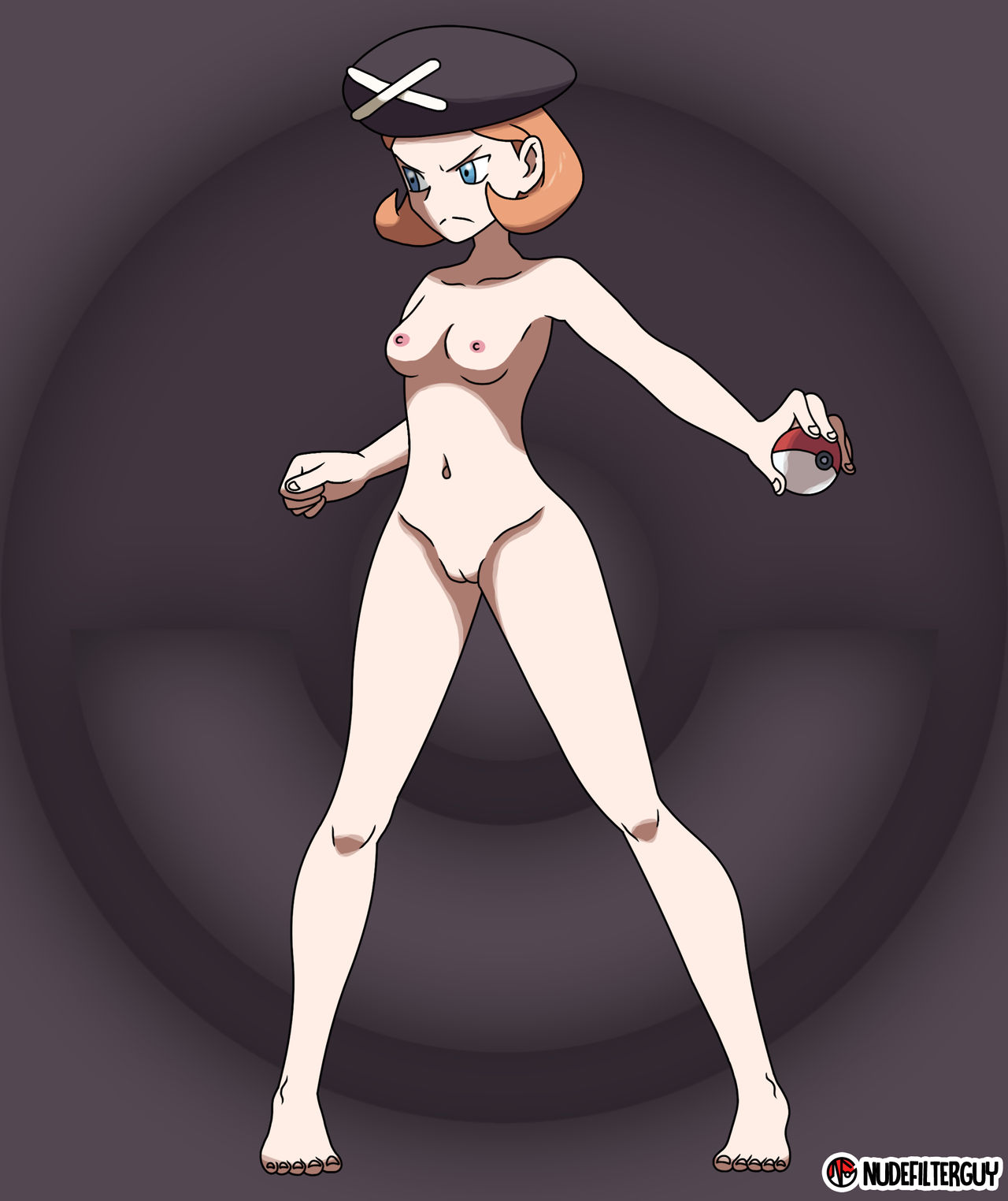 1girls abstract_background accurate_art_style aldith_(pokemon) barefoot blue_eyes breasts casual casual_nudity edit feet female female_only hat headgear headwear human legs_apart naked naked_hat nintendo nipples nonsexual_nudity nude nude_filter nudefilterguy official_artwork_edit orange_hair pale_skin poke_ball pokemon pokemon_bw2 pussy shaved_pussy short_hair solo team_plasma team_plasma_grunt team_plasma_grunt_(female) team_plasma_grunt_(pokemon_bw2)