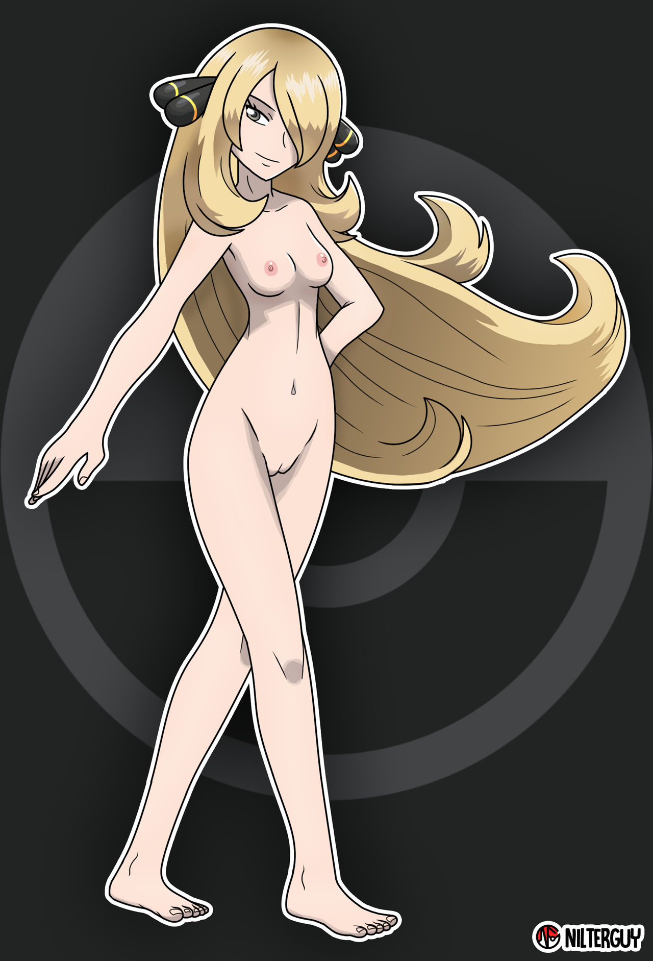 1girls, abstract background, accurate art style, barefoot, blonde hair, breasts, casual nudity, cynthia (pokemon), edit, feet, female, female only, grey eyes, hair covering eye, hair ornament, hair over one eye, hand on hip, human, light skin, light-skinned female, long hair, naked, nintendo, nipples, nonsexual, nonsexual nudity, nude, nude filter, nudefilterguy, official artwork edit, pale skin, pale-skinned female, pokemon, pokemon dppt, pussy, shaved pussy, smile, solo
