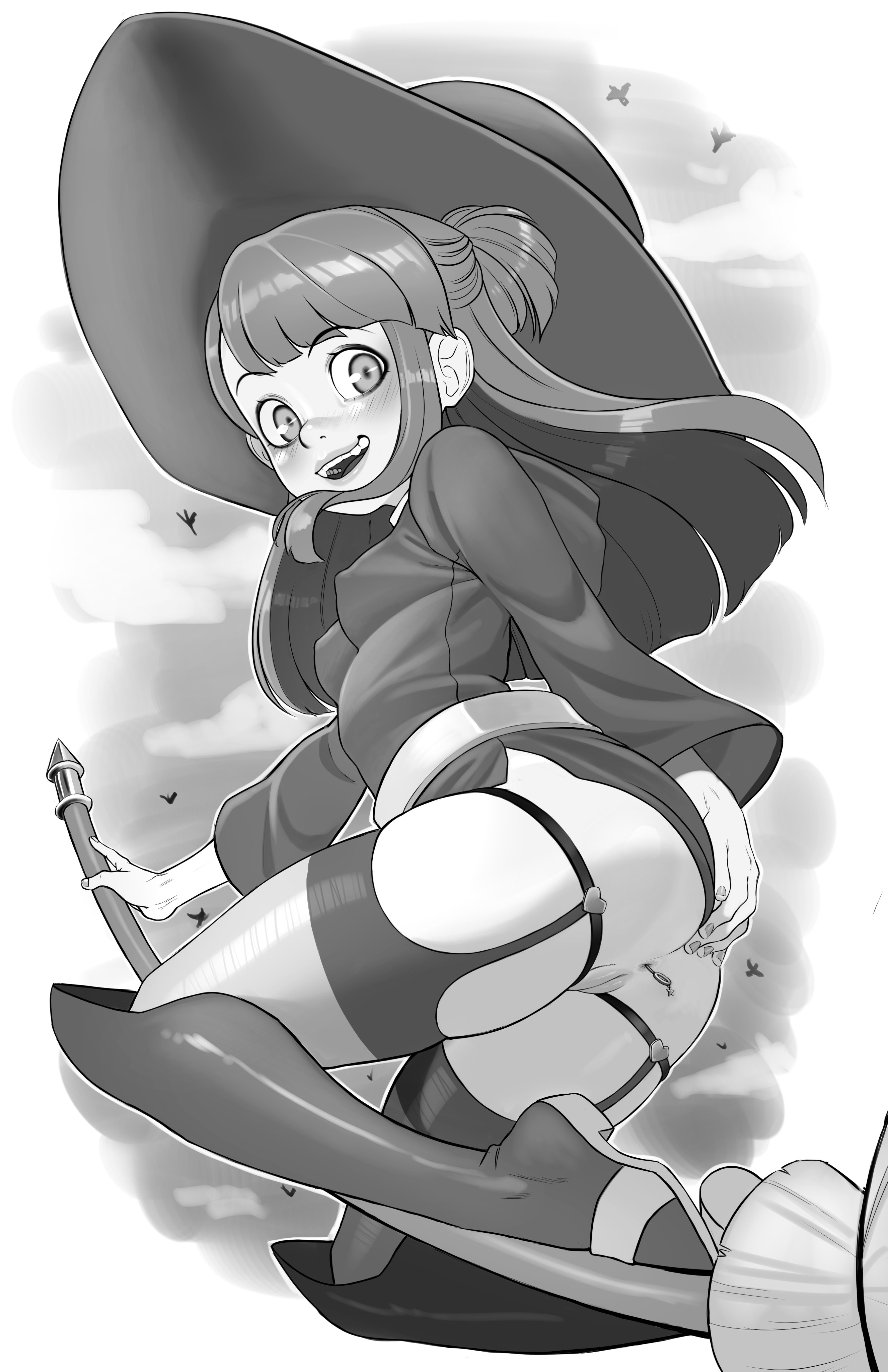 1girls, anus, ass, atsuko kagari, bottomless, breasts, broom, broom riding, female, flying, greyscale, little witch academia, long hair, luenartt, midair, monochrome, pussy, sex toy, small breasts, solo, studio trigger, upskirt, witch, witch hat