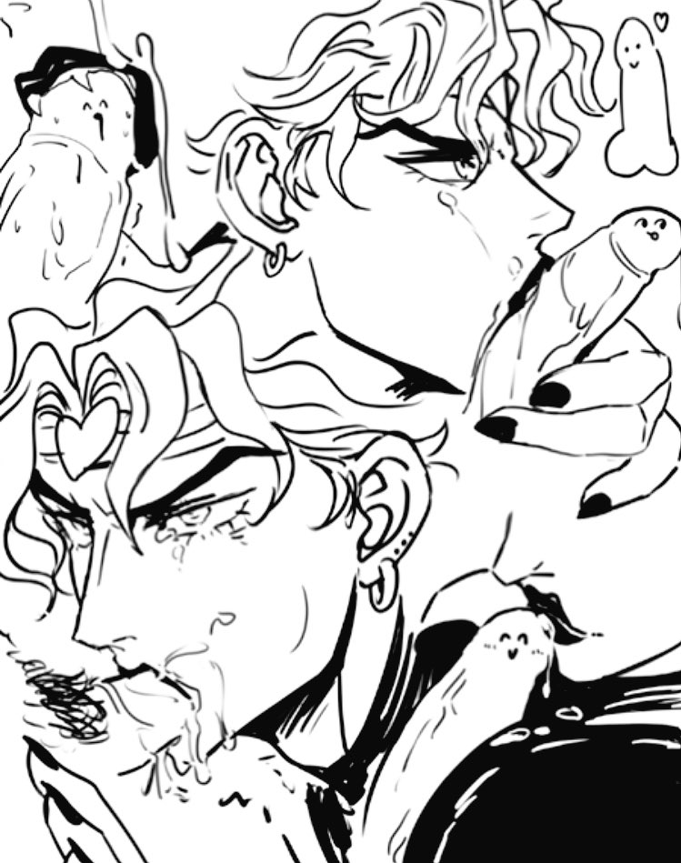 between_pecs between_pectorals cum dio_brando erection facial fangs fellatio fingernails gay headband heart jewelry jojo's_bizarre_adventure large_pectorals lin00240506 lips lipstick makeup male male_focus male_only male_pubic_hair medium_hair monochrome multiple_boys multiple_penises nail_polish open_mouth oral pecjob pectorals penis penis_grab pubic_hair sharp_fingernails smile solo_focus stardust_crusaders yaoi