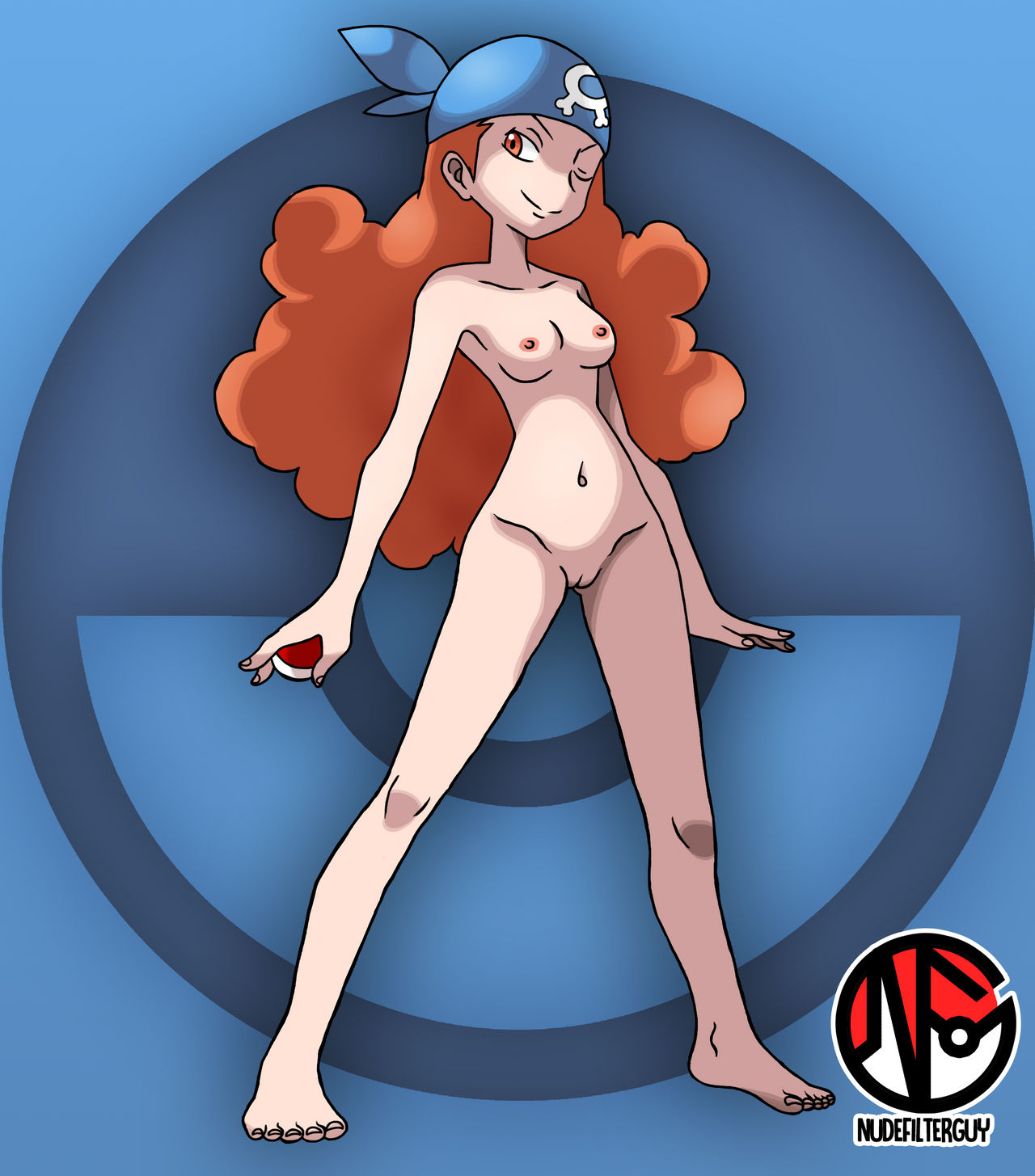 1girls abstract_background accurate_art_style bandana barefoot breasts casual casual_nudity completely_nude completely_nude_female curly_hair edit feet female female_only headwear human long_hair naked naked_bandana navel nintendo nipples nonsexual_nudity nude nude_female nude_filter nudefilterguy official_artwork_edit orange_hair pale_skin pokémon poke_ball pokemon pokemon_rse pussy red_eyes shaved_pussy shelly_(pokemon) shelly_(pokemon_rse) silvina_(pokémon) small_breasts solo