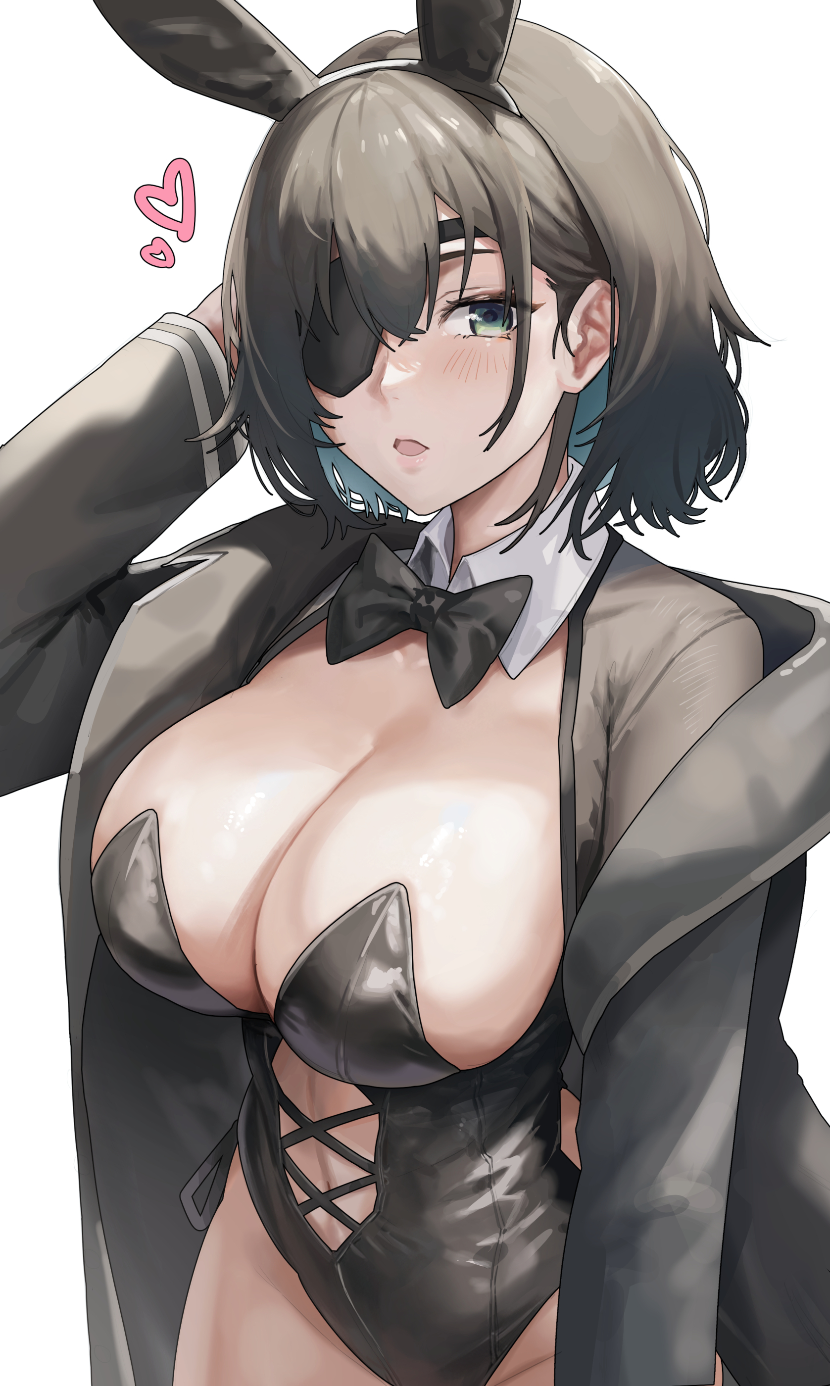 1girls, arms up, big breasts, bowtie, breasts, bunny ears, bunnysuit, chainsaw man, cleavage, eye patch, eyepatch, female, female only, himeno (chainsaw man), huge breasts, looking at viewer, noras, seductive, seductive look, sideboob