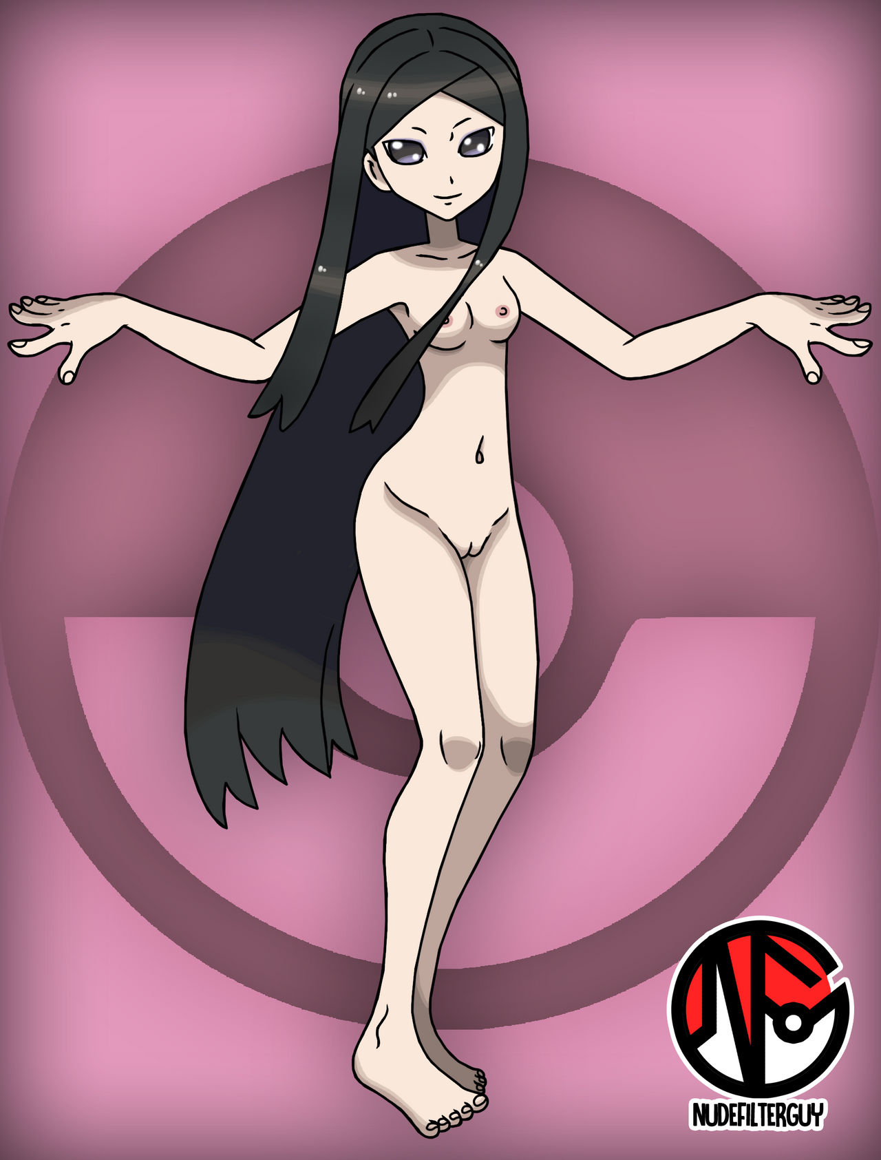 1girls abstract_background accurate_art_style barefoot black_hair breasts casual casual_nudity completely_naked completely_naked_female completely_nude completely_nude_female edit feet female female_only human long_hair naked nintendo nipples nonsexual_nudity nude nude_filter nudefilterguy official_artwork_edit pale_skin pokemon pokemon_xy pussy shaved_pussy smile solo valerie_(pokemon)