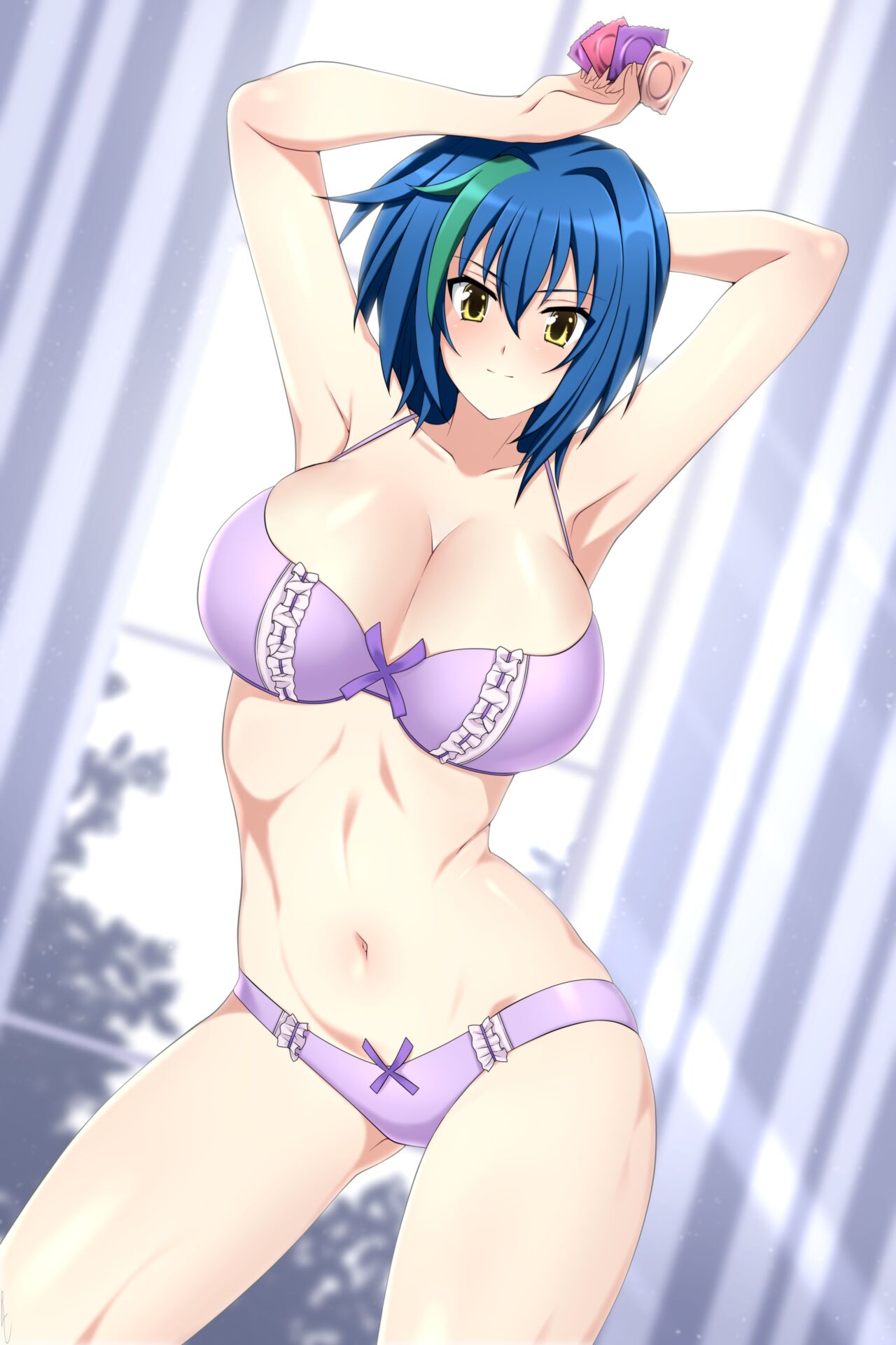 1girls, armpits, arms up, background, big boobs, big breasts, blue hair, blush, blushing, blushing at viewer, boobs, bra, breasts, brown eyes, clothed, clothing, condom, female, female only, hair, half dressed, high school dxd, holding condom, holding object, human, human only, lindaroze, looking at viewer, multicolored hair, panties, purple bra, smile, smiling at viewer, solo, solo female, thighs, window, xenovia quarta
