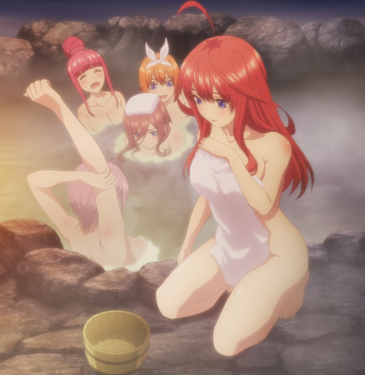 5girls, bathing, female, female only, go-toubun no hanayome, multiple females, multiple girls, nakano ichika, nakano itsuki, nakano miku, nakano nino, nakano yotsuba, naked, onsen, red hair, stitched, towel