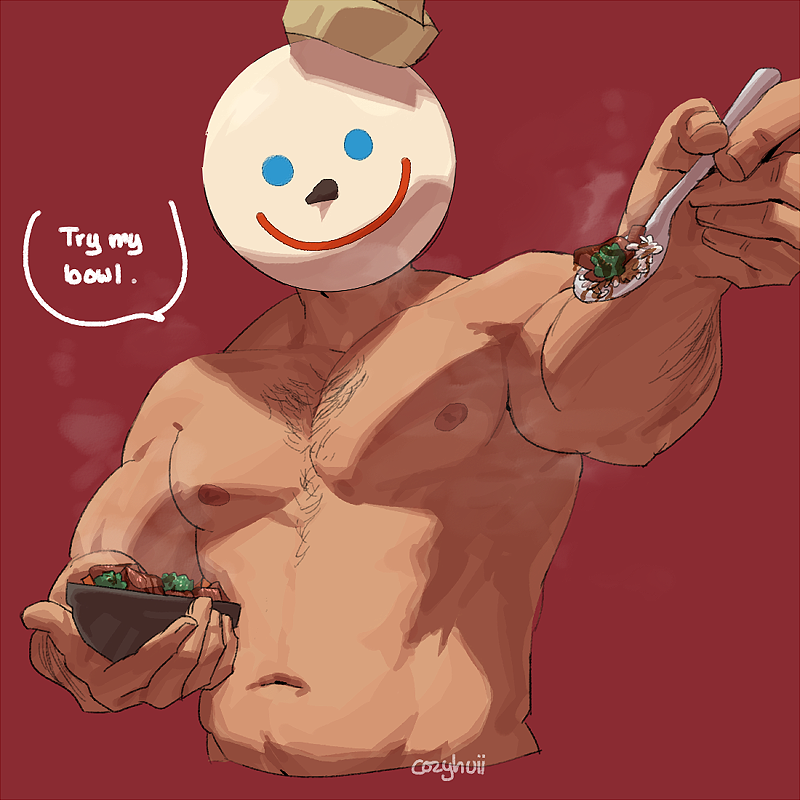 body_hair chest_hair colored cozyhuii dad_bod daddy english_text food hi_res highres jack_box jack_in_the_box looking_at_viewer male_only mascot mask masked masked_male muscular muscular_arms muscular_male nude pecs pectorals point_of_view pov solo solo_male tummy upper_body viewer_perspective viewer_pov