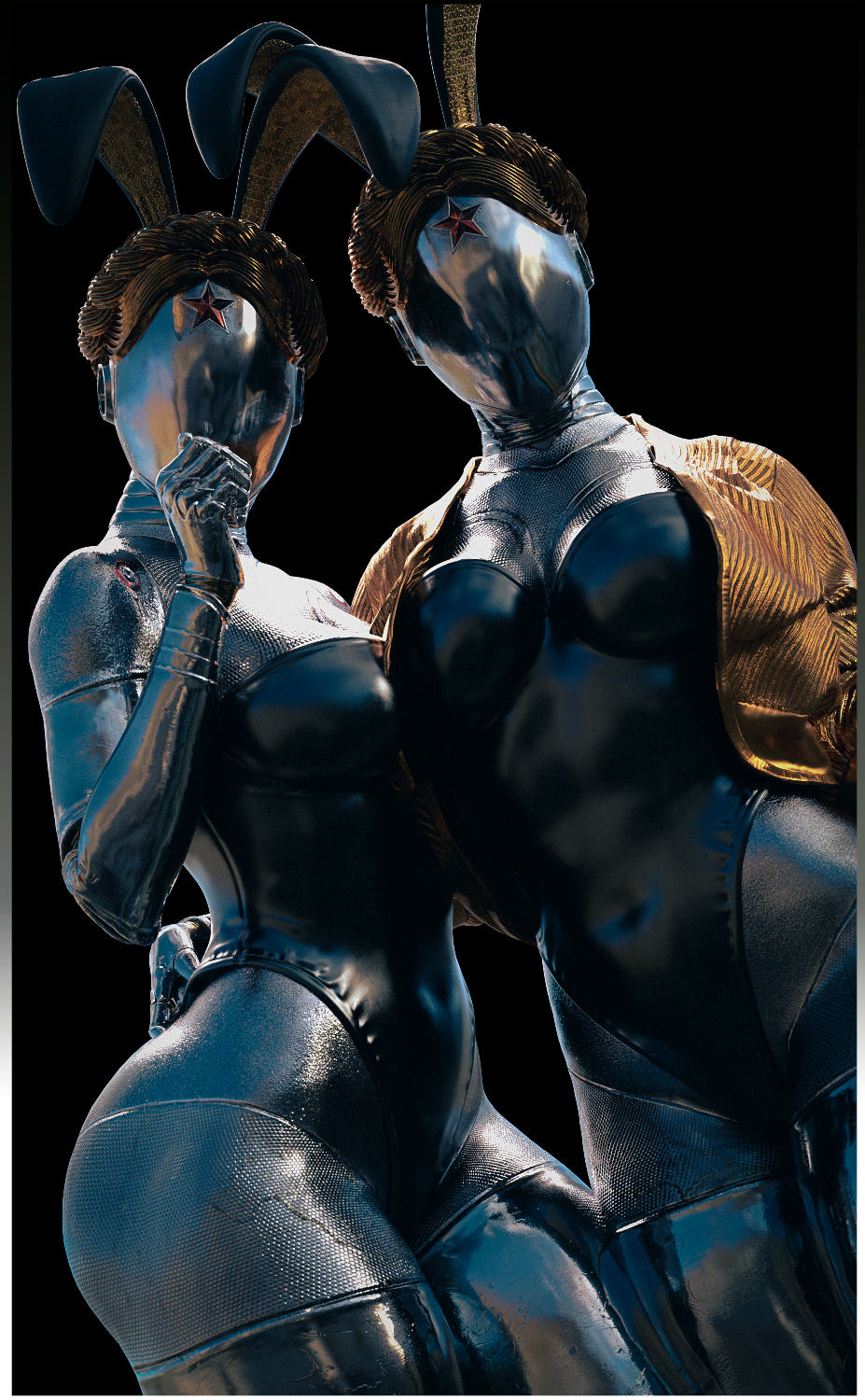 2girls 3d atomic_heart bunny_costume bunny_ears bunnysuit female female_focus female_only front_view looking_at_viewer maxsterbrge robot robot_girl robot_humanoid the_twins_(atomic_heart)