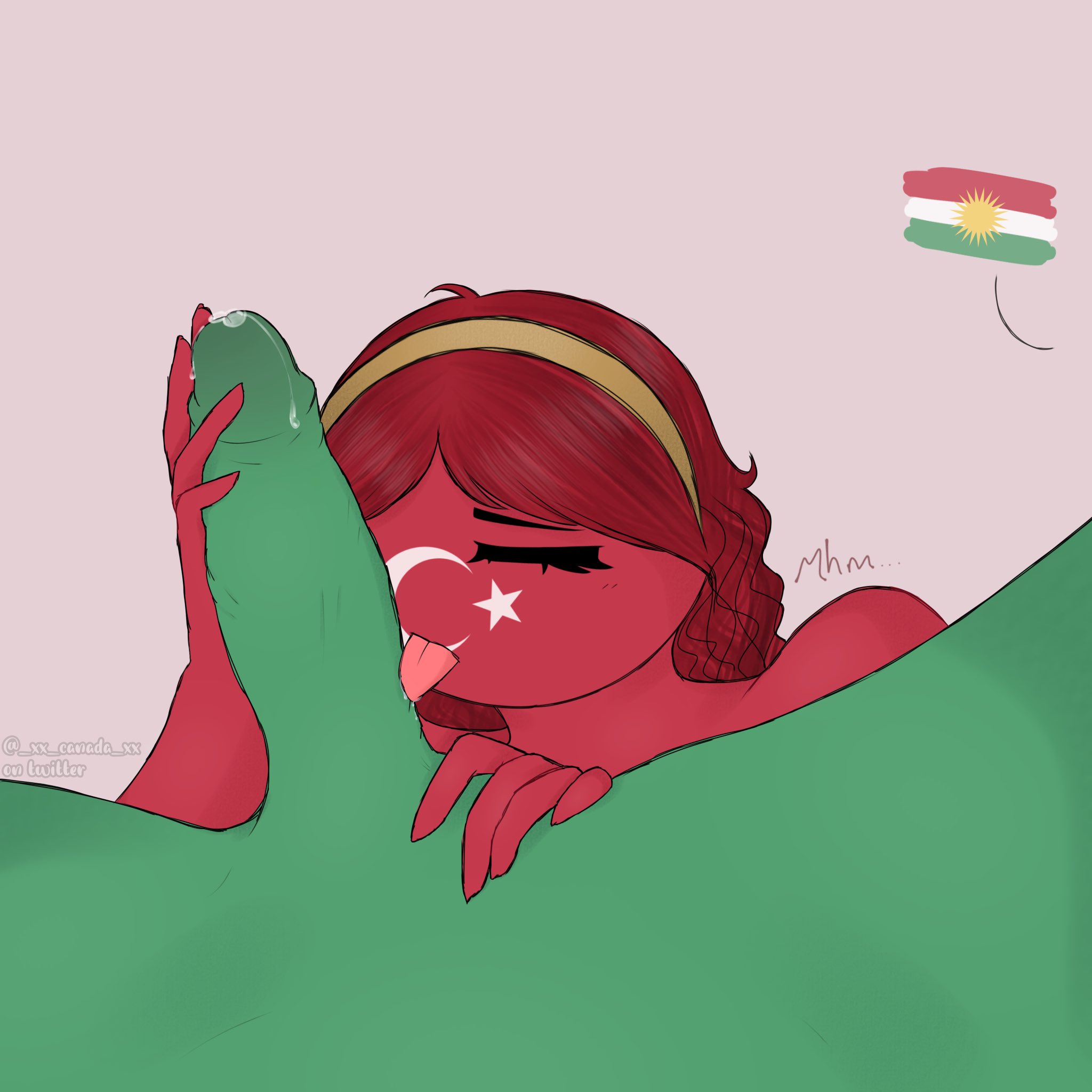 1boy, 1girls, blowjob, closed eyes, countryhumans, countryhumans girl, cum, female, green skin, kurdistan (countryhumans), licking penis, male, penis, red hair, red skin, sucking off, turkey (countryhumans), xx.canada.xx