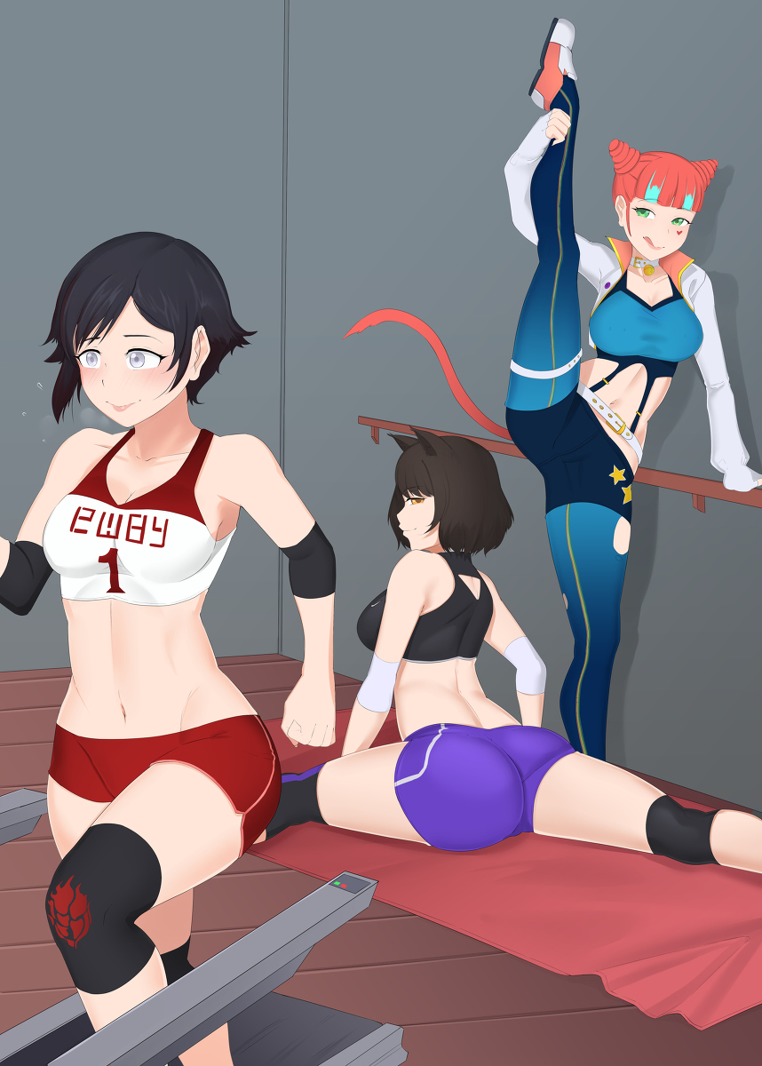 1futa 2girls big_ass big_breasts blake_belladonna breasts clothed clothing exercise female fully_clothed futanari gradient_legwear gym_uniform human light-skinned_female light-skinned_futanari light_skin neon_katt neovixtadiz ruby_rose rwby standing vertical_splits