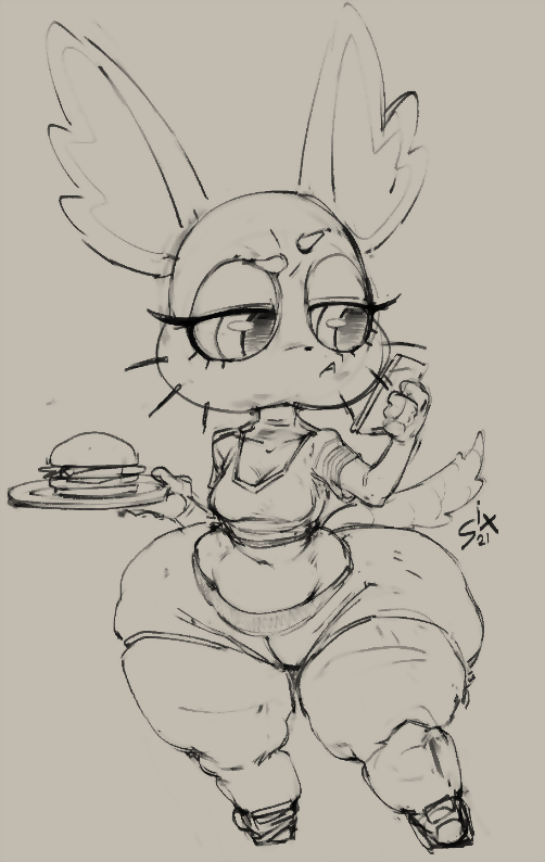 aggressive_retsuko aggretsuko bottom_heavy breasts burger chinchilla female fur huge_thighs hyper_bimbo manaka_(aggretsuko) phone sanrio sixsidesofmyhead sketch smooth_fur thick_thighs wide_hips