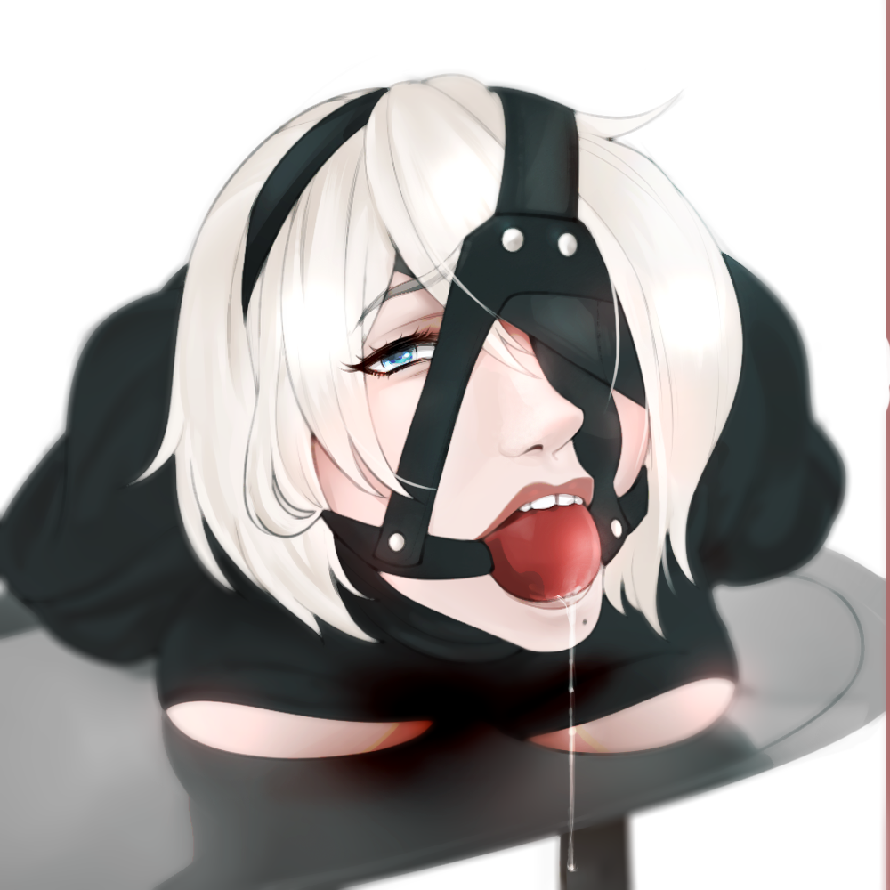 9d00m (artist), arms behind back, ball gag, blindfold, bondage, drooling, female, female only, femsub, gag, gagged, harness, harness ball gag, harness gag, looking at viewer, nier: automata, on table, restrained, saliva, saliva string, submissive female, teeth, yorha 2b