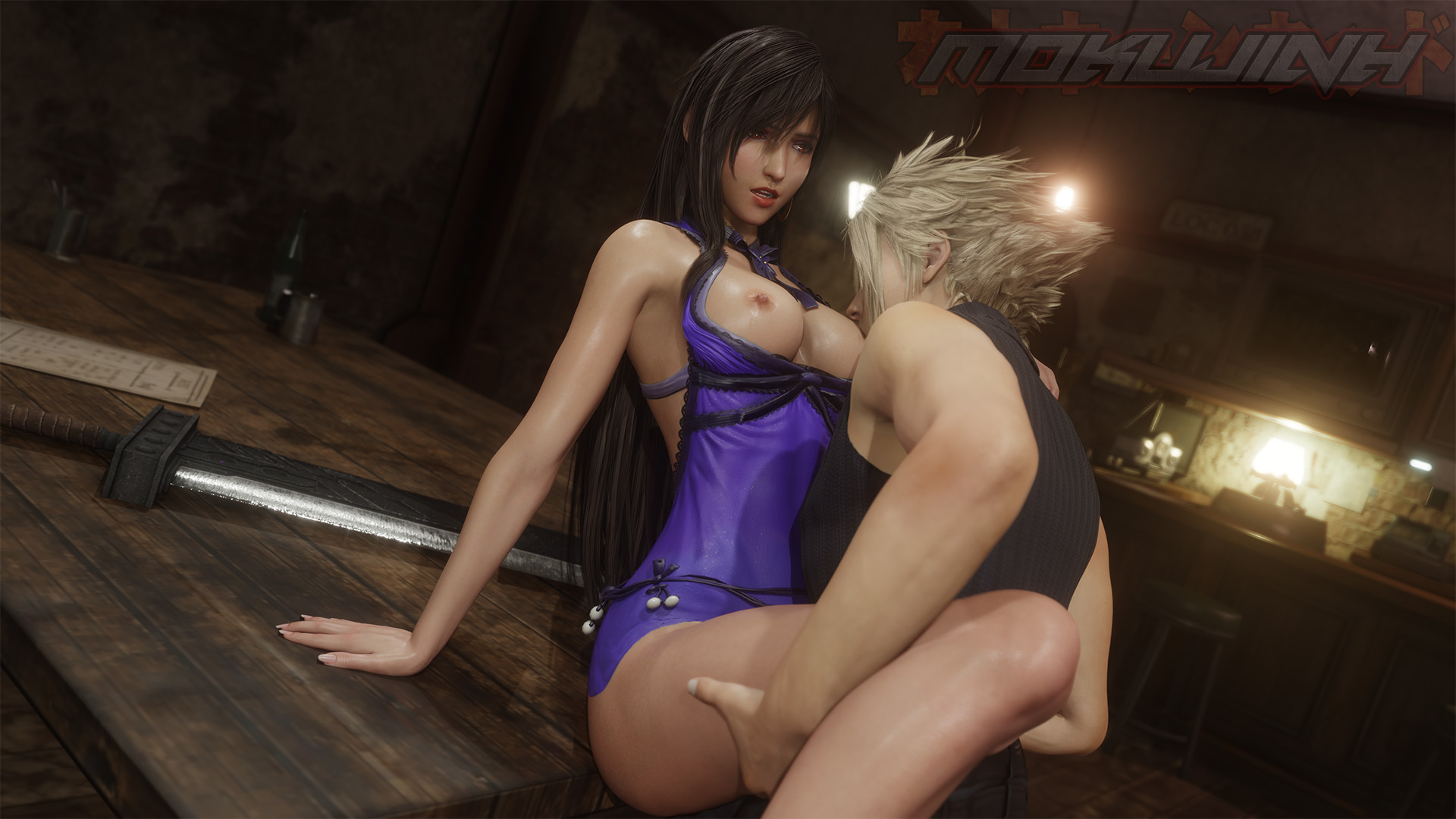 1boy, 1girls, 3d, blender, blonde hair, breast sucking, breasts, brown hair, clothed, cloud strife, dress, dress lift, exposed breasts, female, final fantasy, final fantasy vii, final fantasy vii remake, holding leg, looking at another, looking at partner, looking pleasured, male, messy hair, mokujin hornywood, partially clothed, passionate, red eyes, sex, short dress, sucking nipples, sword, table sex, tagme, tifa lockhart