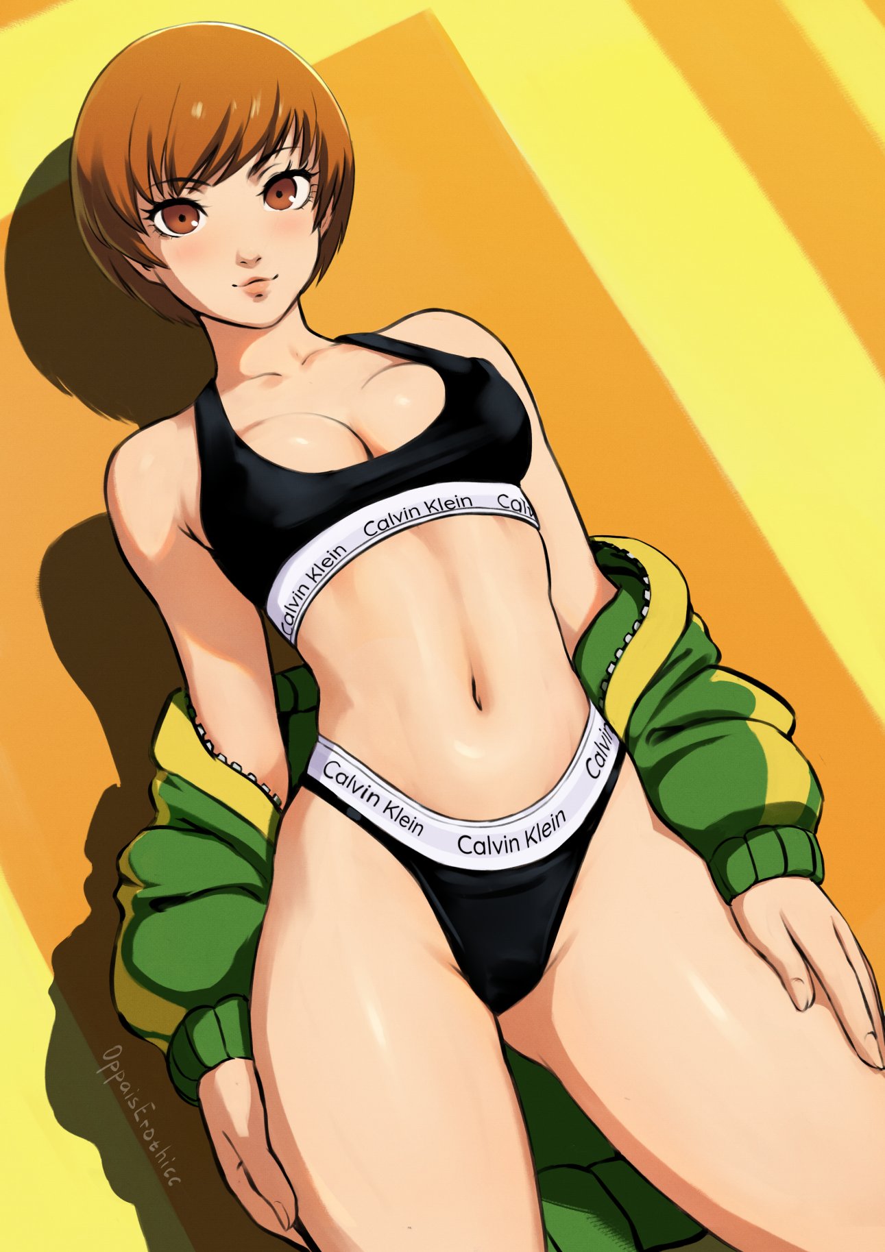 1girls athletic_female big_breasts black_bra black_panties blush bowl_cut breasts brown_eyes brown_hair calvin_klein casual clothing female female_focus female_only fit_female green_jacket hands_on_legs highleg human jacket jacket_removed light-skinned_female light_skin looking_at_viewer medium_breasts megami_tensei navel oppaiserothicc outerwear pale_skin panties persona persona_4 satonaka_chie shadow short_hair solo sports sports_bikini sports_bra sportswear standing tomboy toned_female underwear