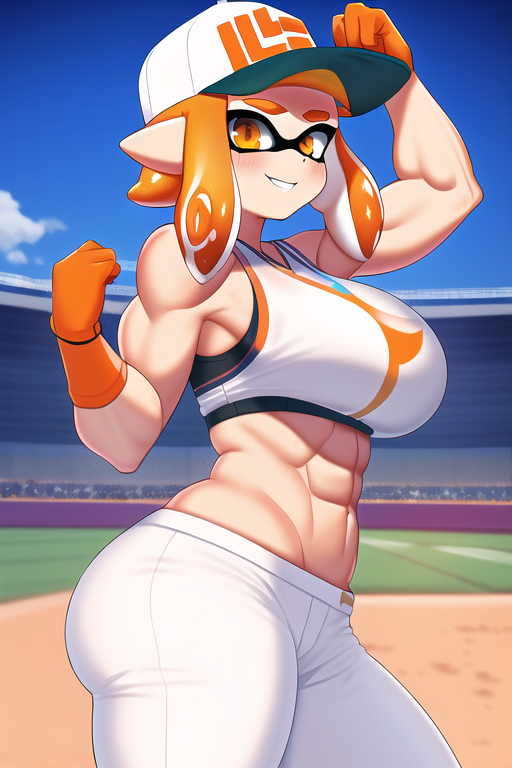 abs ai_generated baseball curvaceous female inkling inkling_girl muscular_female nai_diffusion orange_eyes orange_hair splatoon sports stable_diffusion voluptuous