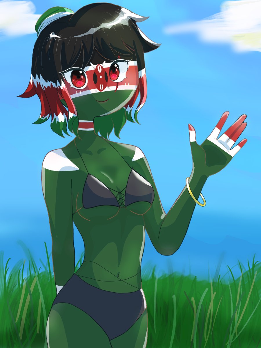 1girls bikini countryhumans countryhumans_girl green_body green_skin kenya_(countryhumans) multicolored_hair red_eyes safe short_hair