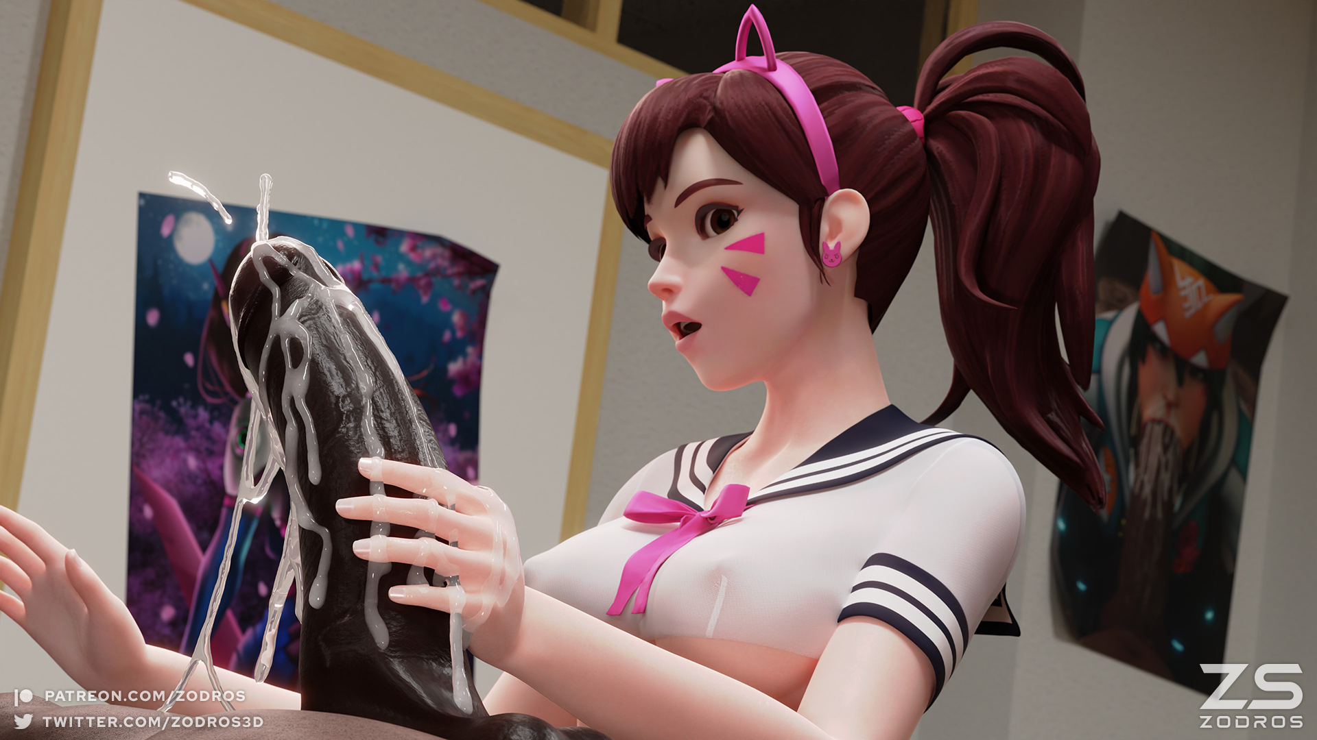 1boy, 1girls, 3d, 3d (artwork), 3dx, big cock, big penis, black body, black penis, blender (software), blizzard entertainment, bow, bowtie, breasts, brown eyes, brown hair, cum, cum drip, cum on body, cumshot, d.va, dark skin, dark-skinned male, female, hana song, hand on chest, handjob, headgear, interracial, large penis, light skin, light-skinned female, looking at penis, looking pleasured, male, medium breasts, overwatch, overwatch 2, penis, ponytail, sailor collar, school, school uniform, schoolgirl, serafuku, surprise, surprised, surprised expression, surprised face, zodros