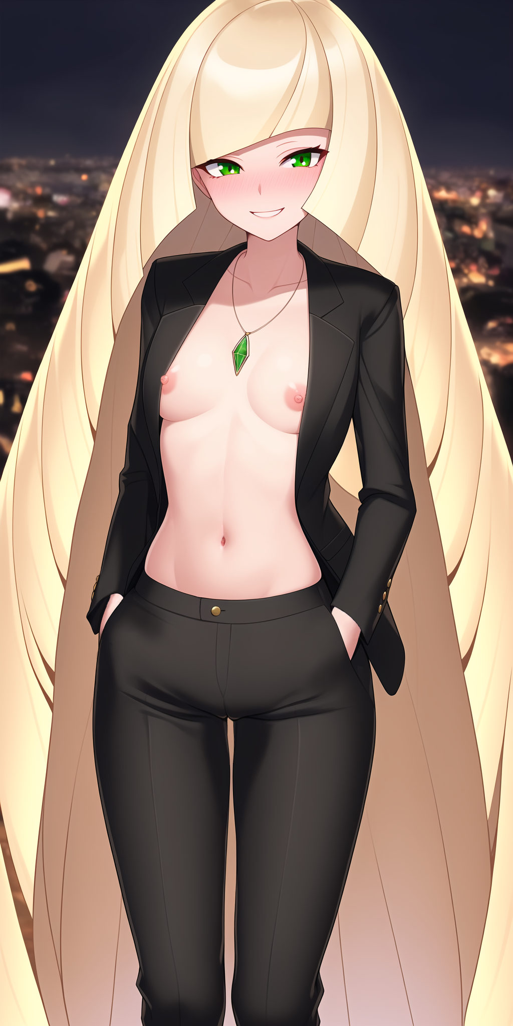 1girls ai_generated athletic_female black_jacket blonde_hair blush breasts_out city_background exposed_breasts exposed_nipples eyebrows_behind_hair female formal formal_attire formal_clothes formal_wear green_eyes human jacket long_hair looking_at_viewer lusamine_(pokemon) milf mother nai_diffusion necklace nintendo nipples no_bra no_bra_under_clothes open_mouth pale_skin partially_clothed pokemon pokemon_sm small_breasts smiling snakegirl69 stable_diffusion standing