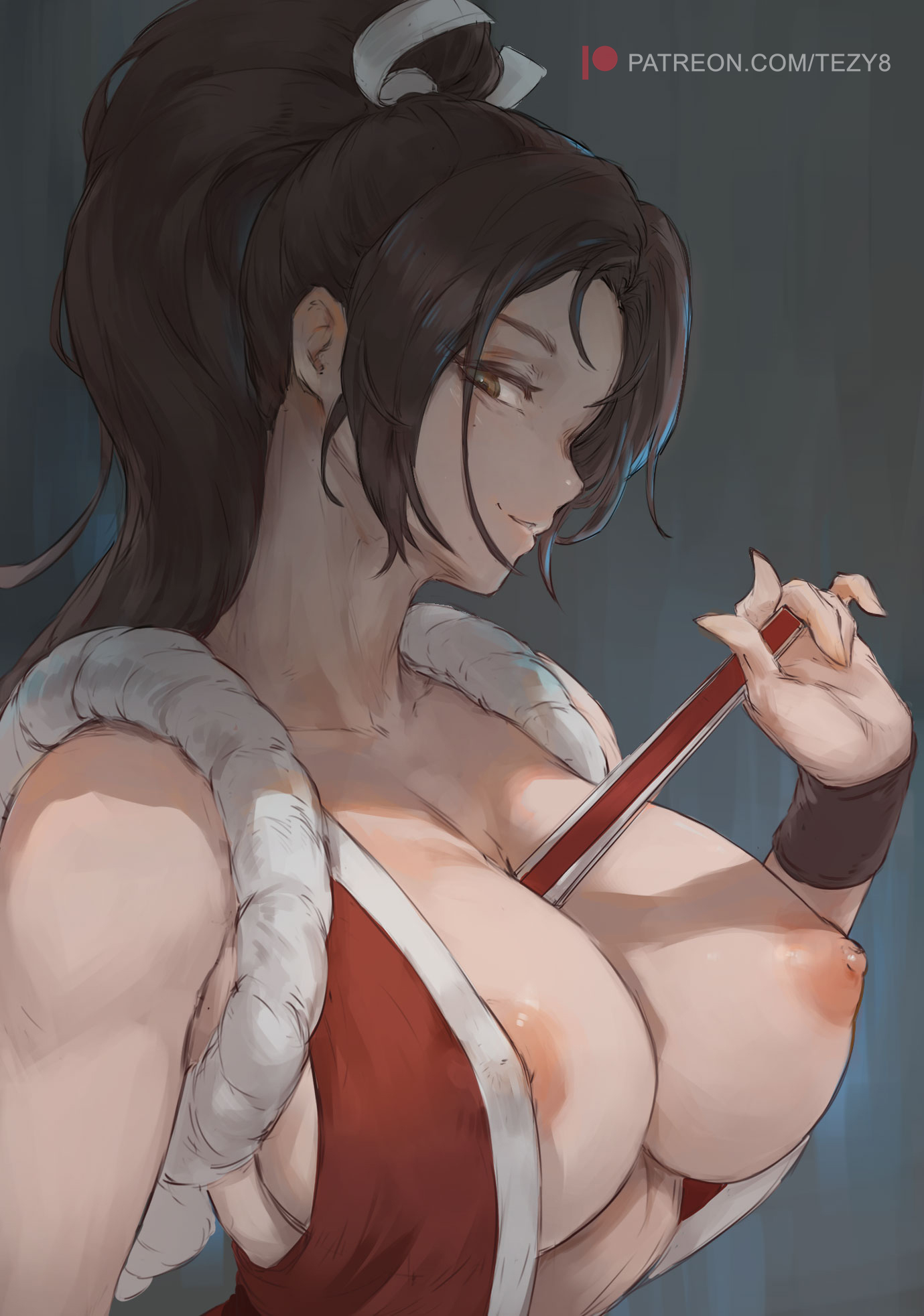 1girls, barely clothed, big breasts, breasts, breasts out, breasts out of clothes, breasts outside, brown eyes, brown hair, fatal fury, female, female focus, female only, huge breasts, king of fighters, light skin, light-skinned male, looking at viewer, mai shiranui, male, no bra, ponytail, smile, smiling, smiling at viewer, snk, tagme, tezy8art