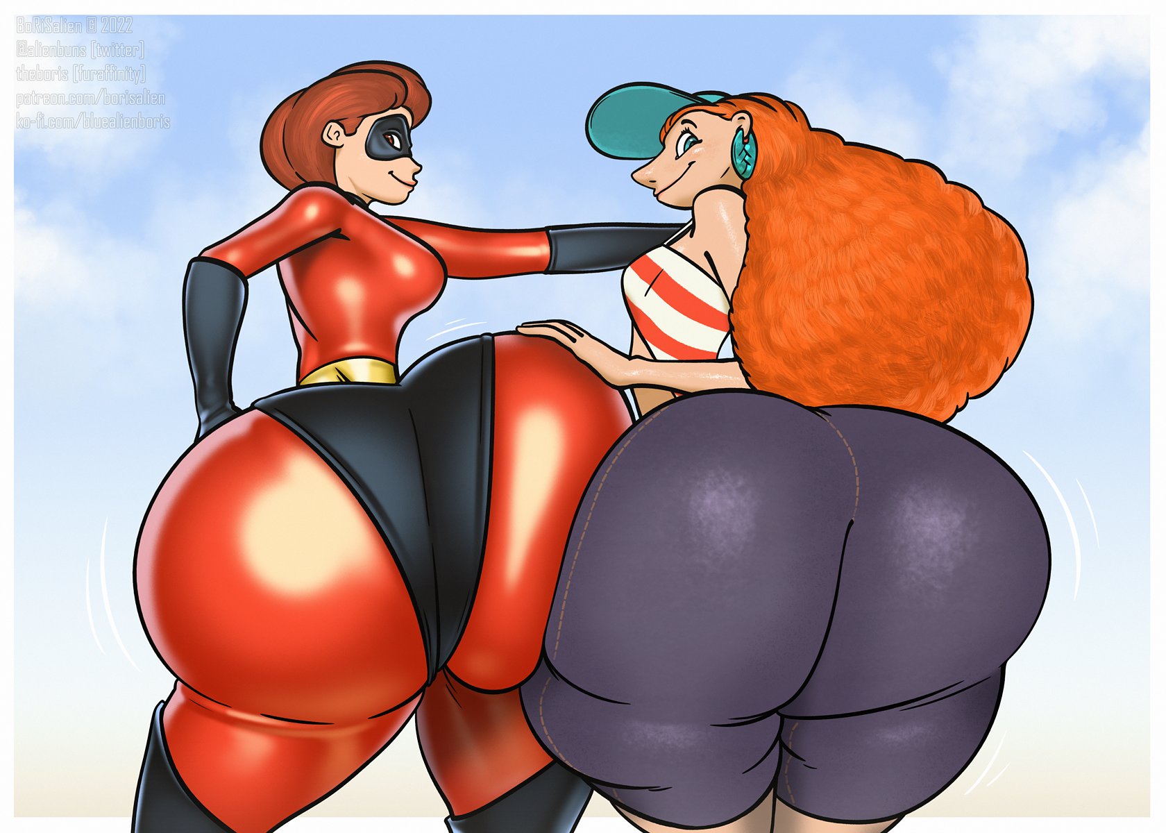 2023, 2girls, ass, ass bigger than head, big ass, borisalien, disney, elastigirl, female, female only, helen parr, huge ass, huge butt, hyper ass, hyper butt, inner workings, kate (inner workings), looking at viewer, milf, orange hair, pixar, pixar mom, showing off ass, smiling, smiling at viewer, smooth skin, striped shirt, superheroine, take your pick, the incredibles