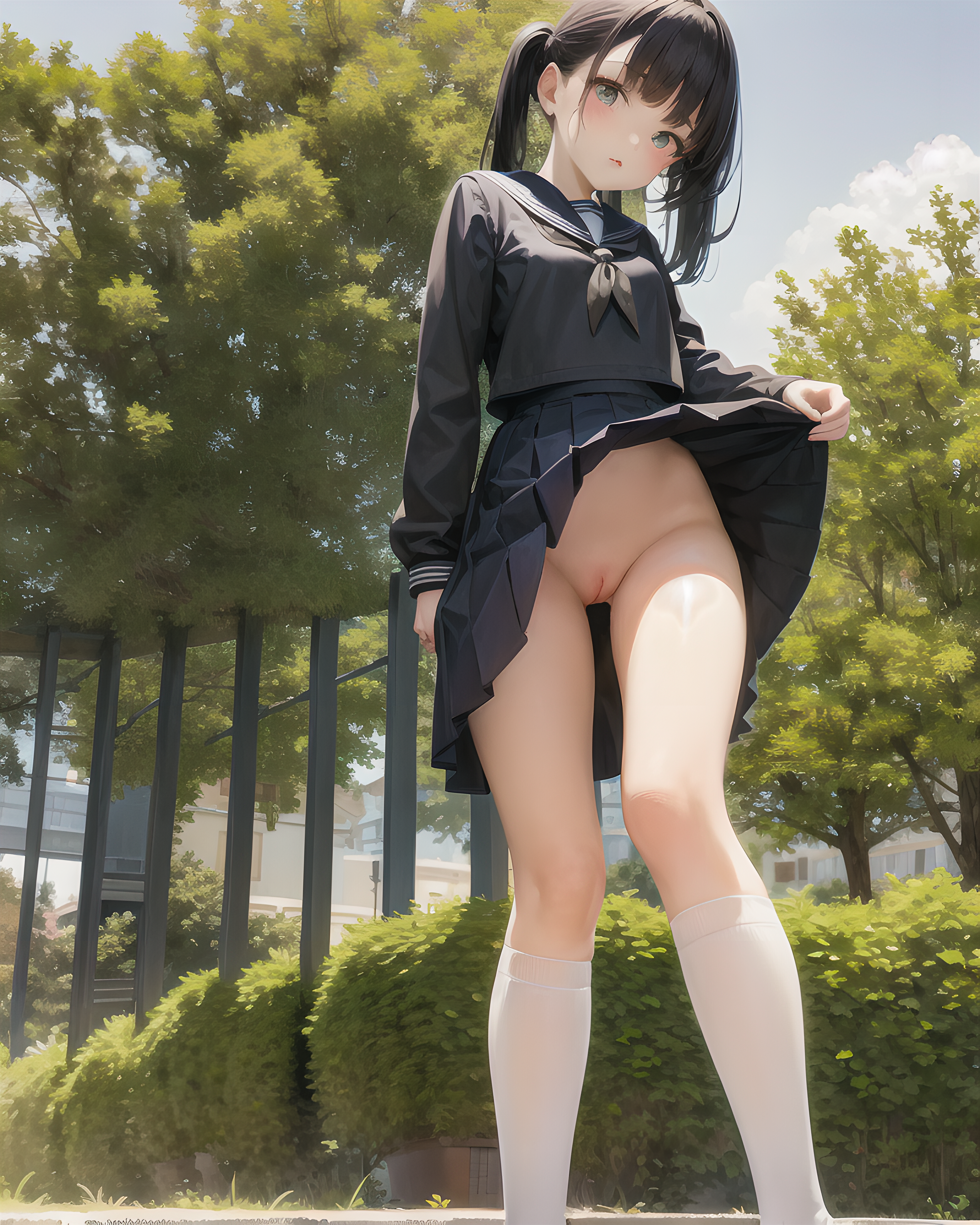 1girls, ai generated, black hair, female, female only, from below, light skin, looking at viewer, mosfgame, no panties, outside, school uniform, schoolgirl, shirt, skirt, sky