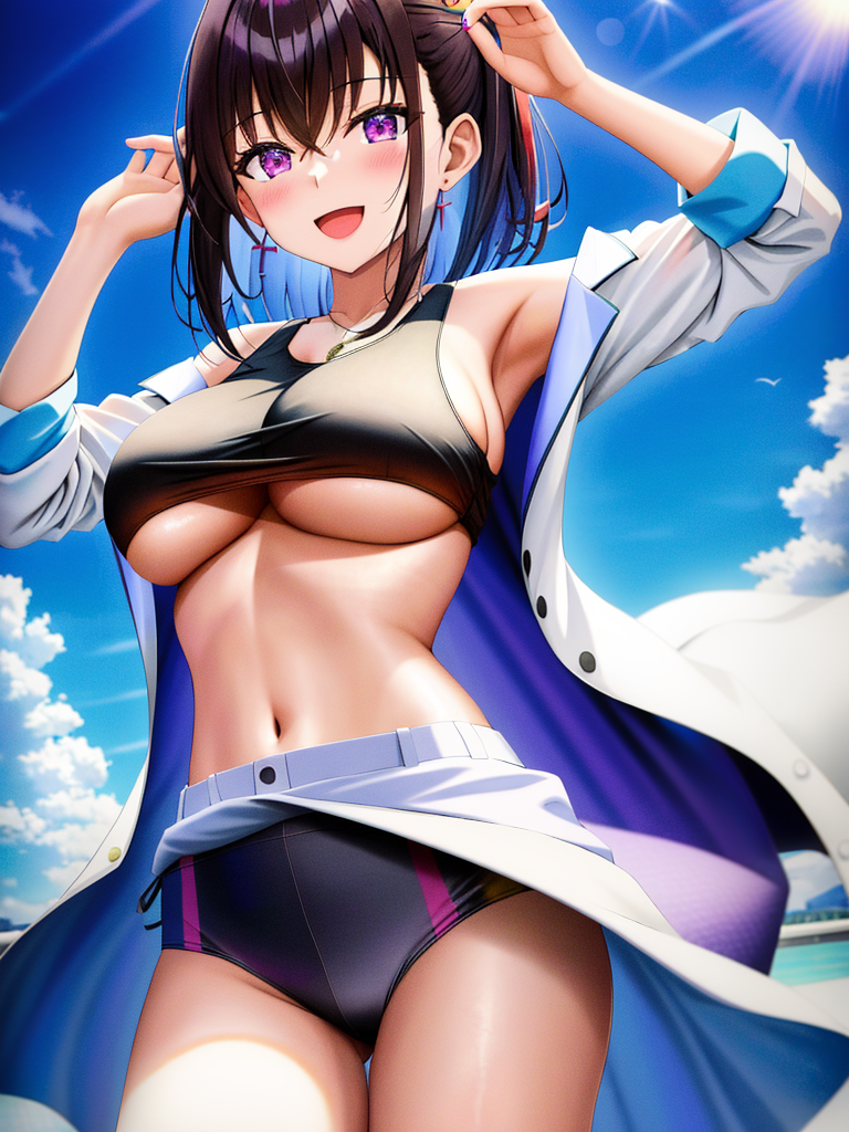 ai_generated azki_(hololive) big_breasts hololive open_jacket open_mouth purple_eyes sideboob smile tank_top thighs underboob virtual_youtuber yo_dayo_(ai)