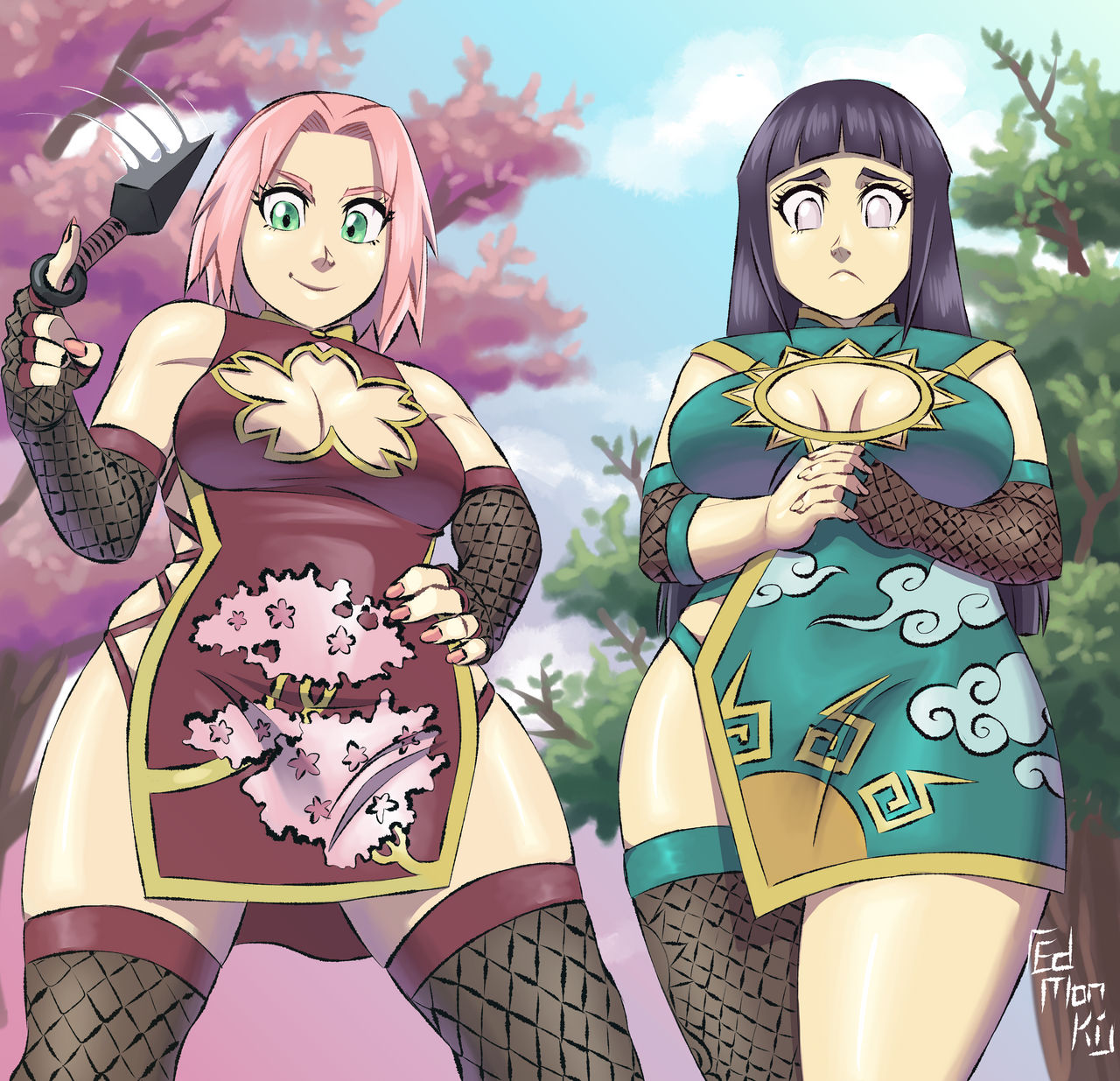 2girls, alternate breast size, armwear, asian clothing, bare shoulders, bare thighs, big breasts, blue hair, bob cut, breast size difference, breasts, busty, cherry blossoms, chinese clothes, chinese dress, cleavage, cleavage cutout, clothed, clothing, elbow gloves, female, female focus, female only, femdom, fishnet, fishnet armwear, fishnet legwear, fishnet stockings, fishnets, fully clothed, green eyes, haruno sakura, hi res, high resolution, highres, hyuuga hinata, inner sideboob, kunai, large breasts, light skin, light-skinned female, long hair, looking at viewer, looking down, medium breasts, medium hair, nail polish, naruto, naruto (series), naruto shippuden, painted nails, pale skin, pale-skinned female, perky breasts, pink hair, pink nail polish, pink nails, purple eyes, sakura haruno, sasaji-monkey, shoulder length hair, shounen jump, skimpy, skimpy clothes, skimpy dress, sleeveless dress, smile, smiling, smiling at viewer, standing, thick thighs, thighs, voluptuous