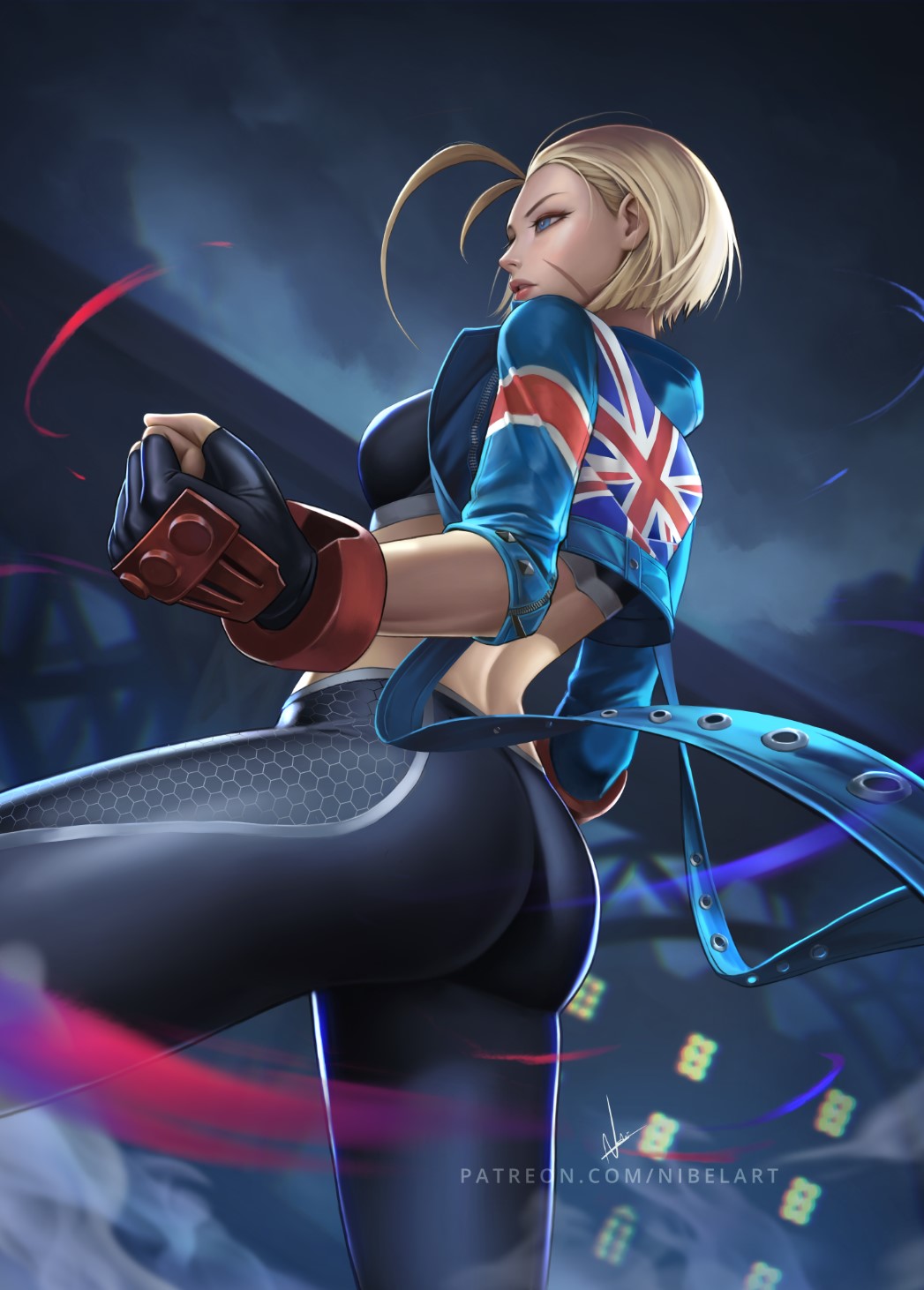 1girls ass blonde_hair blue_eyes cammy_white female female_only fully_clothed light-skinned_female light_skin looking_away nibelart scar solo street_fighter street_fighter_6 union_jack