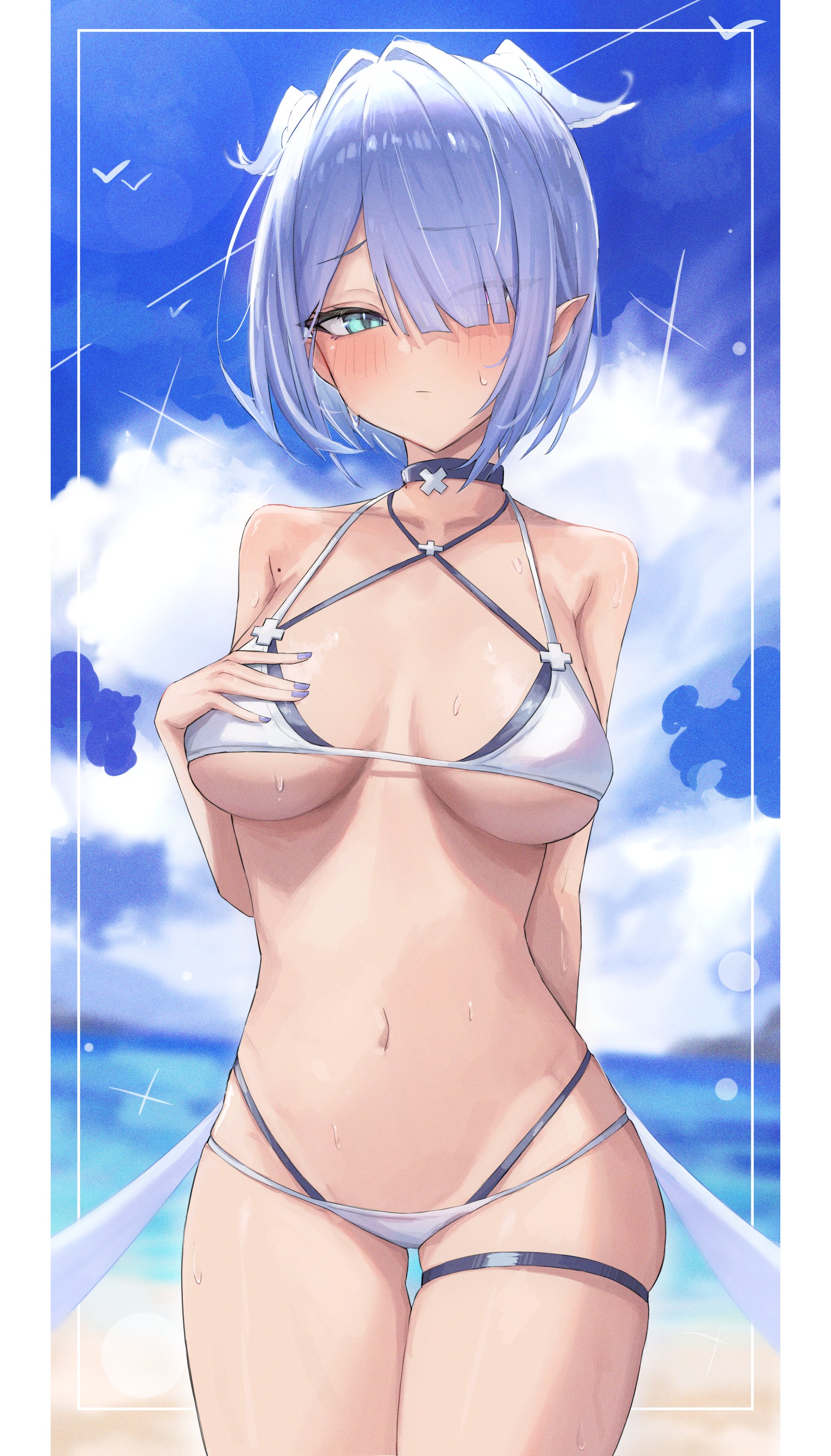 1girls, bare midriff, bare shoulders, belly button, big breasts, bikini, blue hair, blush, breasts, collar, dragon girl, dragon wings, elira pendora, exposed shoulders, exposed torso, female, hair covering eye, hair over one eye, hair wings, head wings, heterochromia, hi res, highres, hip wings, large breasts, midriff, mole, navel, nijisanji, nijisanji en, one eye obstructed, pointy ears, ruru nnnn, short hair, solo, solo female, solo focus, swimsuit, swimwear, thigh gap, thigh strap, virtual youtuber, wet, wet skin