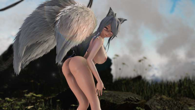 3d ahoge amber_eyes big_breasts fox_ears fox_girl fox_tail grey_hair short_hair yowane_haku