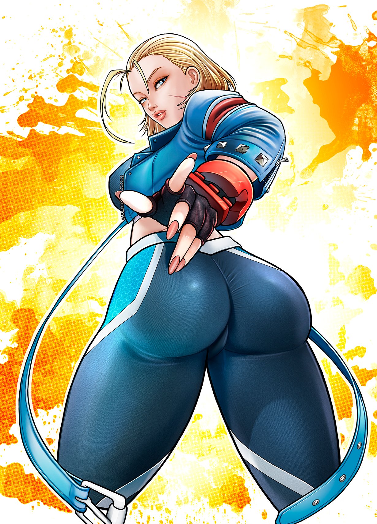 1girls ass blonde_hair blue_eyes cammy_white capcom dat_ass female female_only fully_clothed hi_res light-skinned_female light_skin looking_at_viewer looking_back rankgo scar solo street_fighter street_fighter_6 thunder_thighs tight_clothing tight_fit